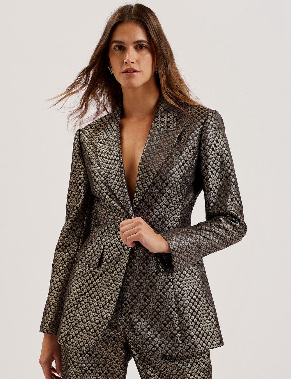 Blazers Ted Baker MANGU - Tailored Metallic Jacquard Fitted Mujer Negras | CFEG-70481