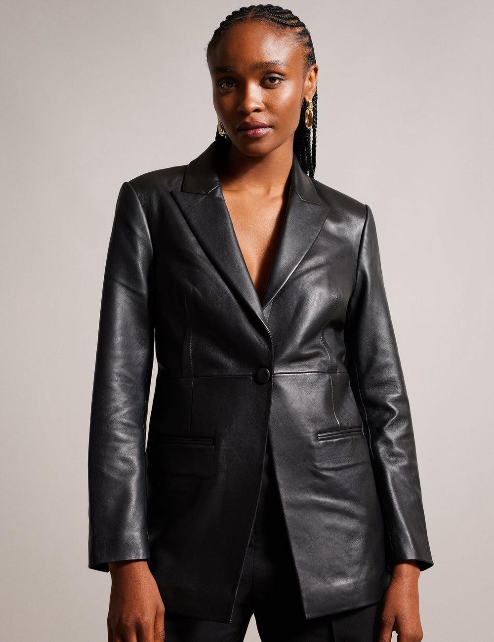 Blazers Ted Baker MELLIIE - Longline Single Breasted Leather Mujer Negras | LQWA-07693