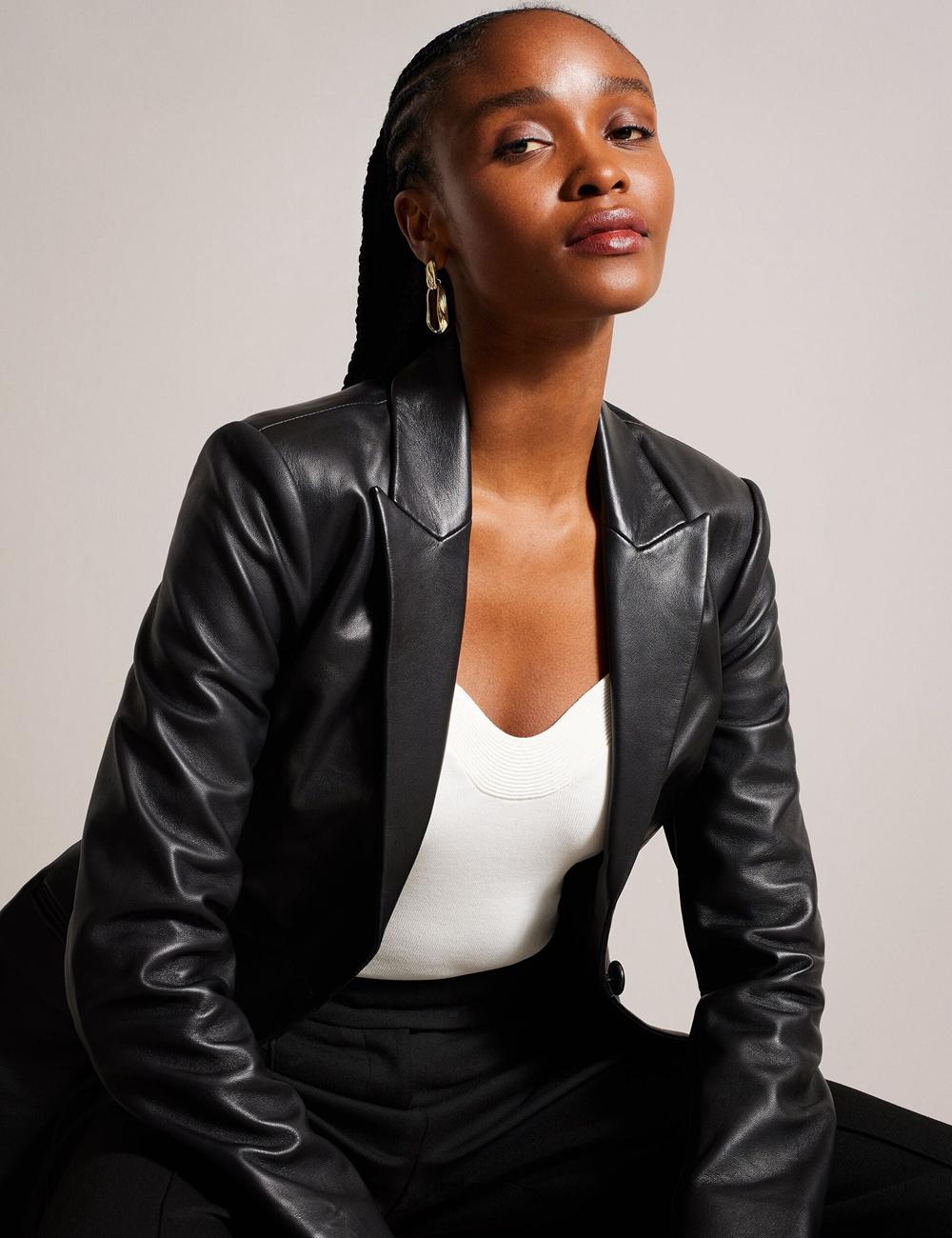 Blazers Ted Baker MELLIIE - Longline Single Breasted Leather Mujer Negras | LQWA-07693