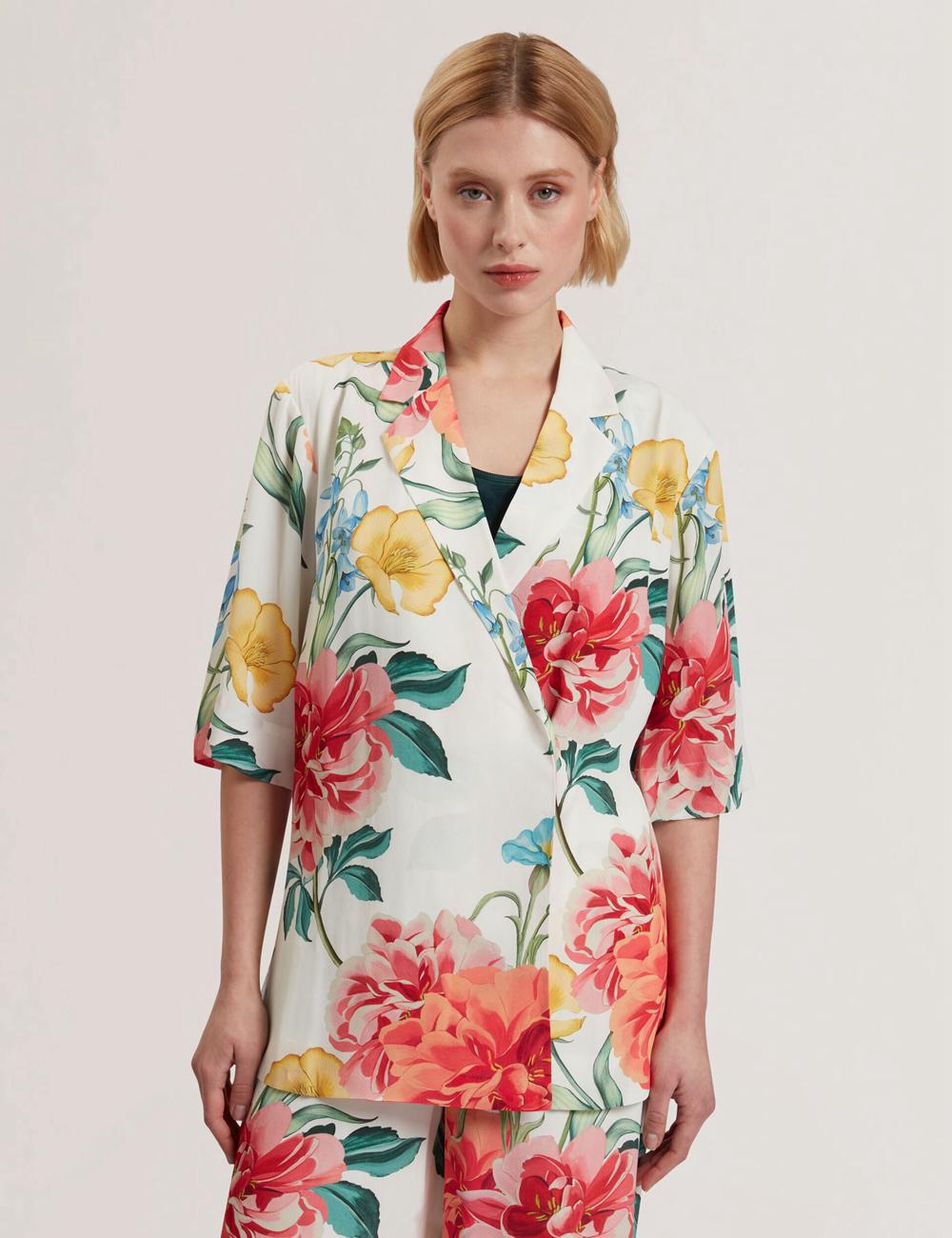 Blazers Ted Baker NYMPHA - Floral Short Sleeve Oversized Mujer Blancas | LQMJ-45078