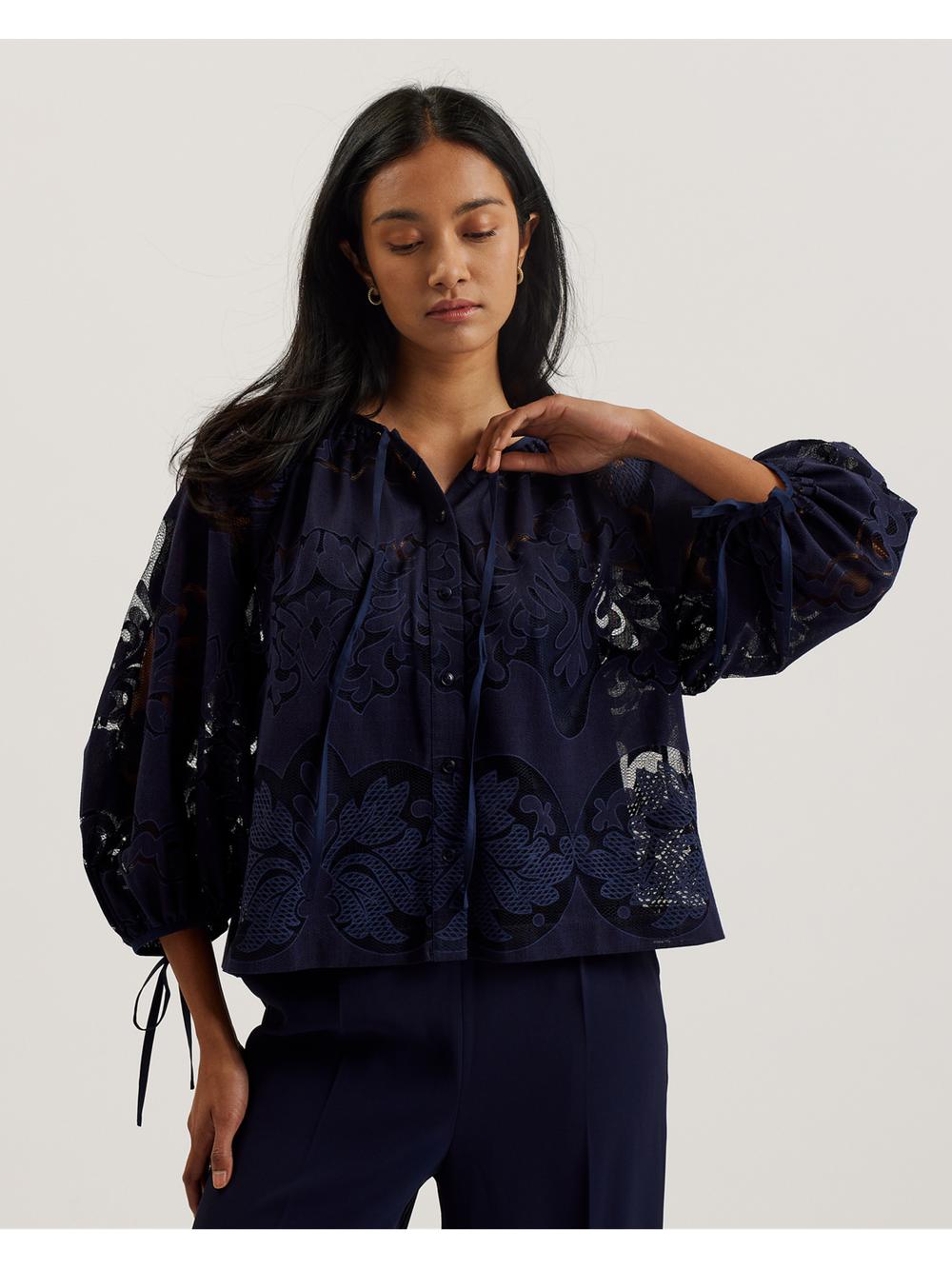 Blusa Ted Baker BACINA - Lace 3/4 Balloon Sleeve Mujer Azules | AXHC-15380