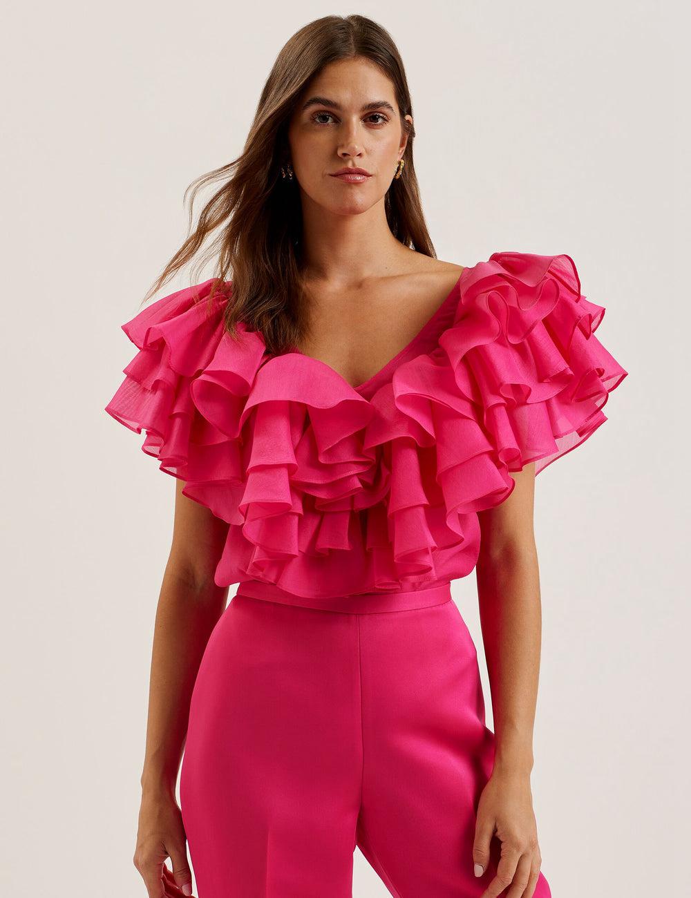 Blusa Ted Baker CALONDA - Oversized Frill Trim V-Neck Top Mujer Fucsia | XTPA-94087