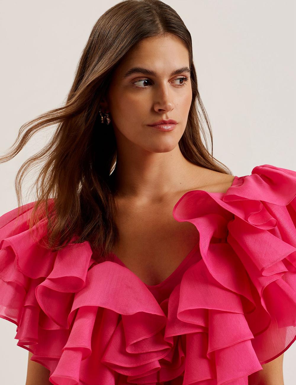 Blusa Ted Baker CALONDA - Oversized Frill Trim V-Neck Top Mujer Fucsia | XTPA-94087