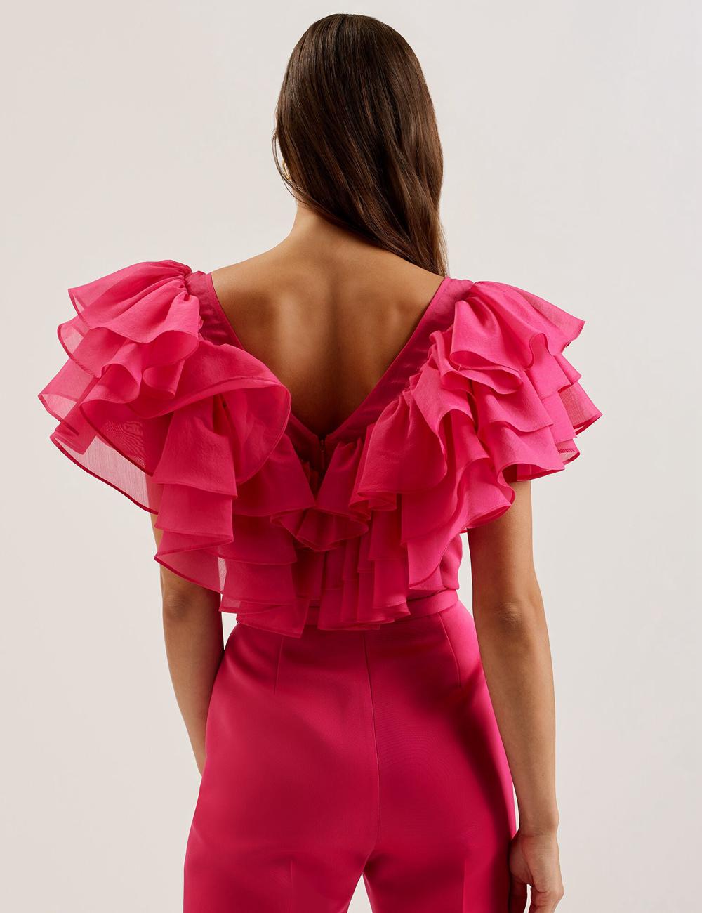 Blusa Ted Baker CALONDA - Oversized Frill Trim V-Neck Top Mujer Fucsia | XTPA-94087