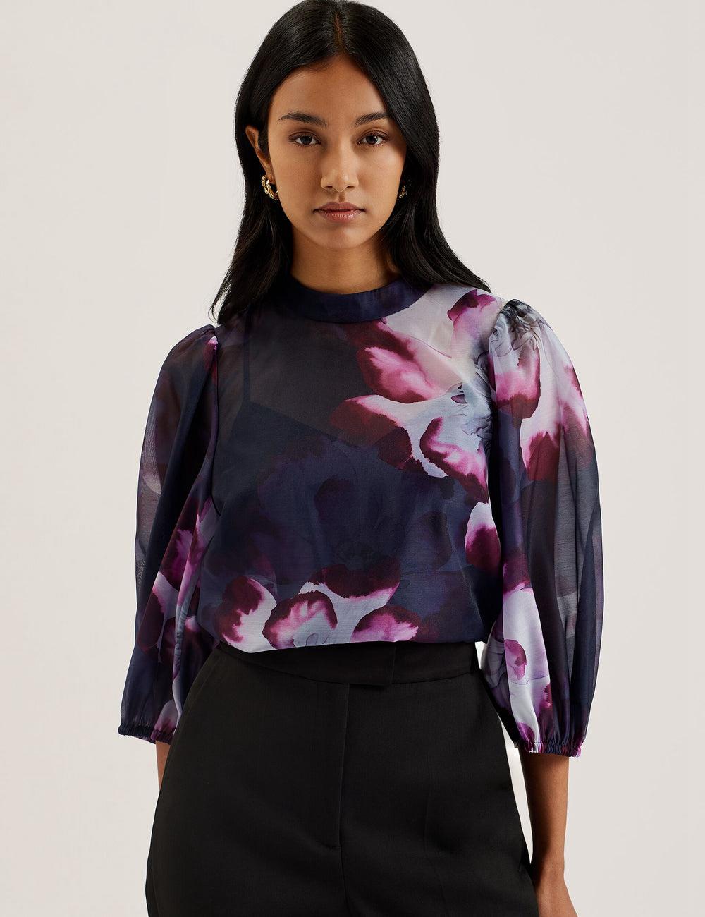 Blusa Ted Baker CATALO - Floral Print Balloon Sleeve Organza Top Mujer Azul Marino | EGSO-83659