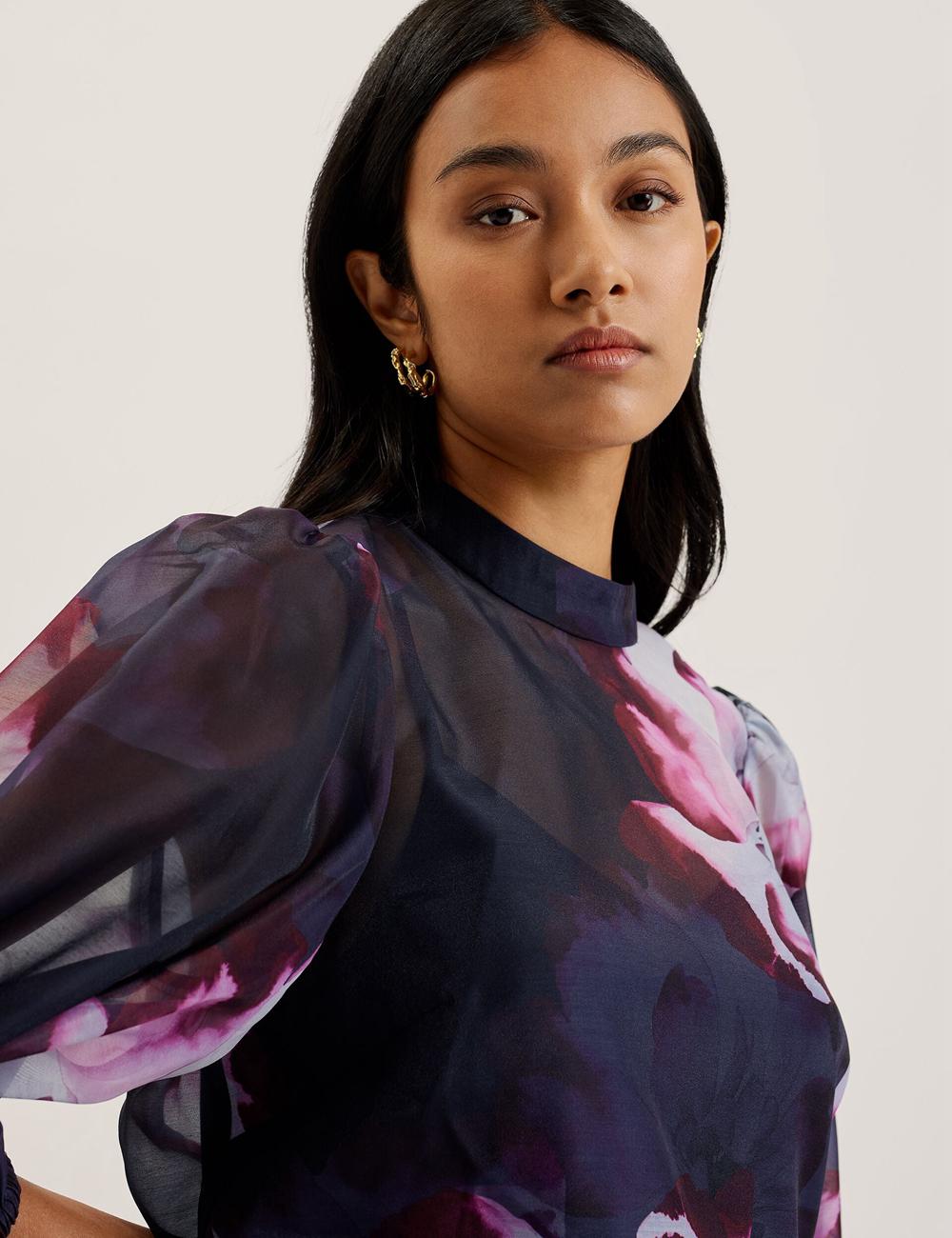 Blusa Ted Baker CATALO - Floral Print Balloon Sleeve Organza Top Mujer Azul Marino | EGSO-83659