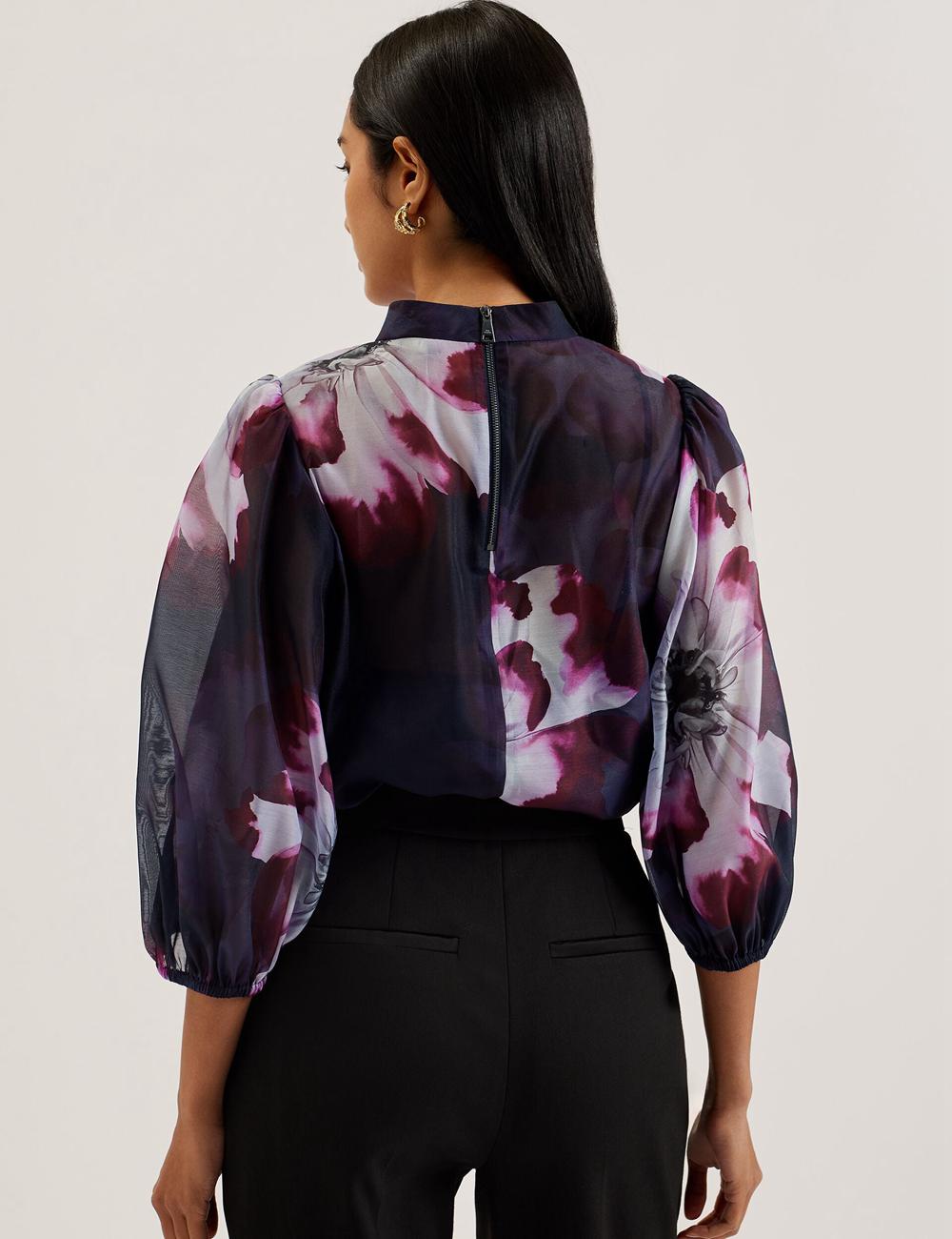 Blusa Ted Baker CATALO - Floral Print Balloon Sleeve Organza Top Mujer Azul Marino | EGSO-83659