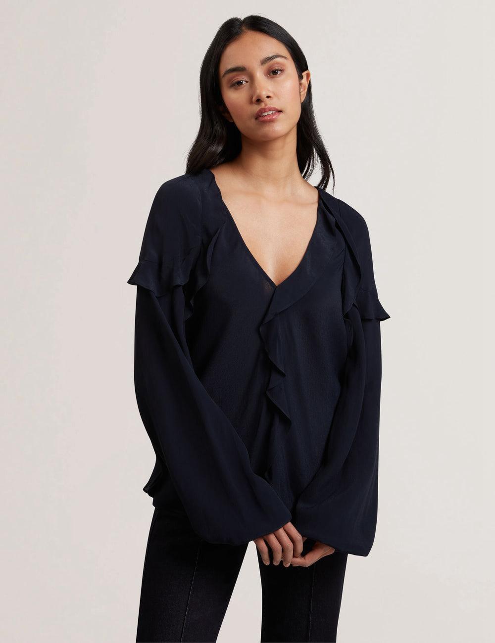 Blusa Ted Baker KAYFA - Waterfall Ruffle Trim Long Sleeve Mujer Azul Marino | TELJ-94831