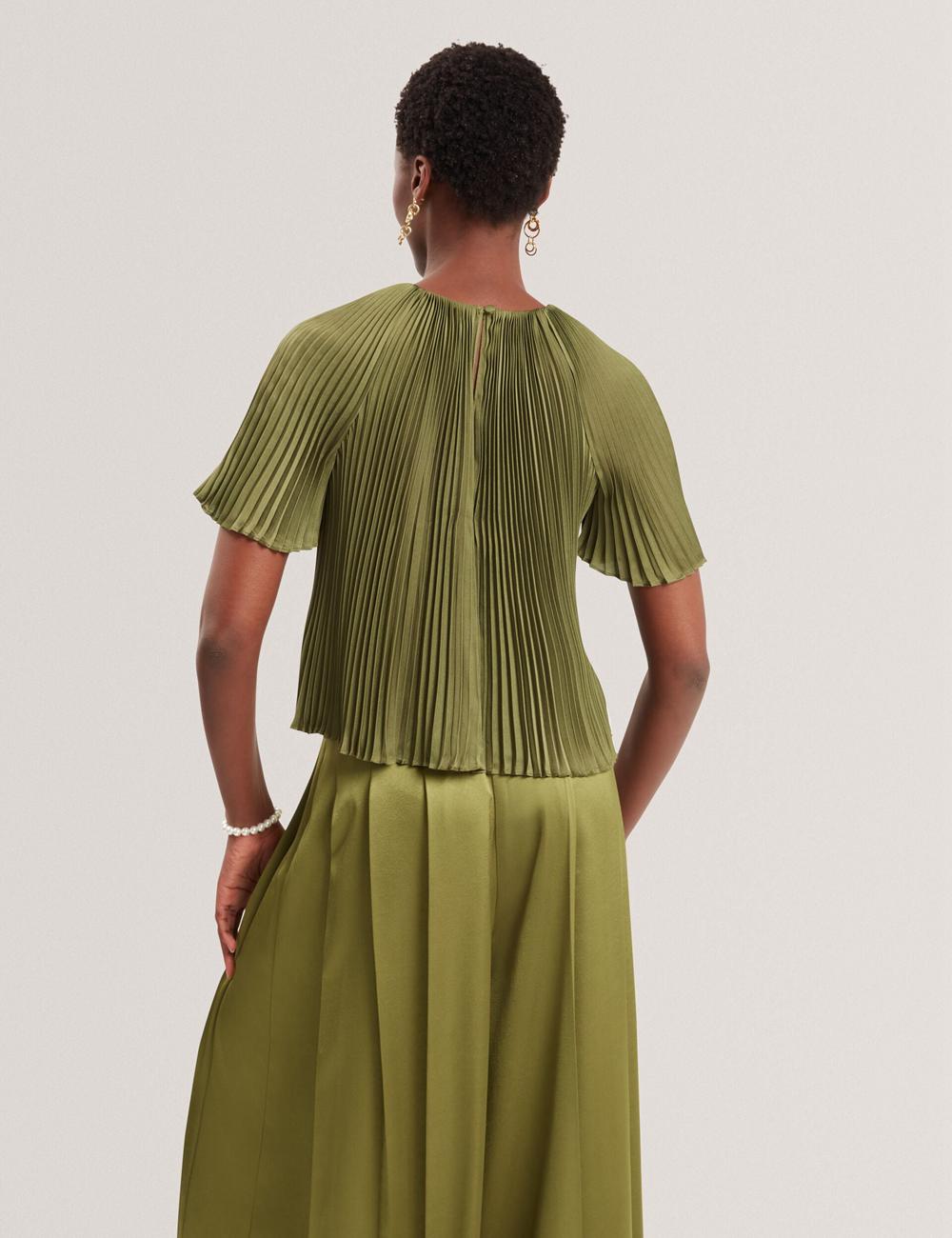 Blusa Ted Baker LIONAA - Floral Graphic Pleated Satin Short Sleeve Mujer Verde | TPEY-96817