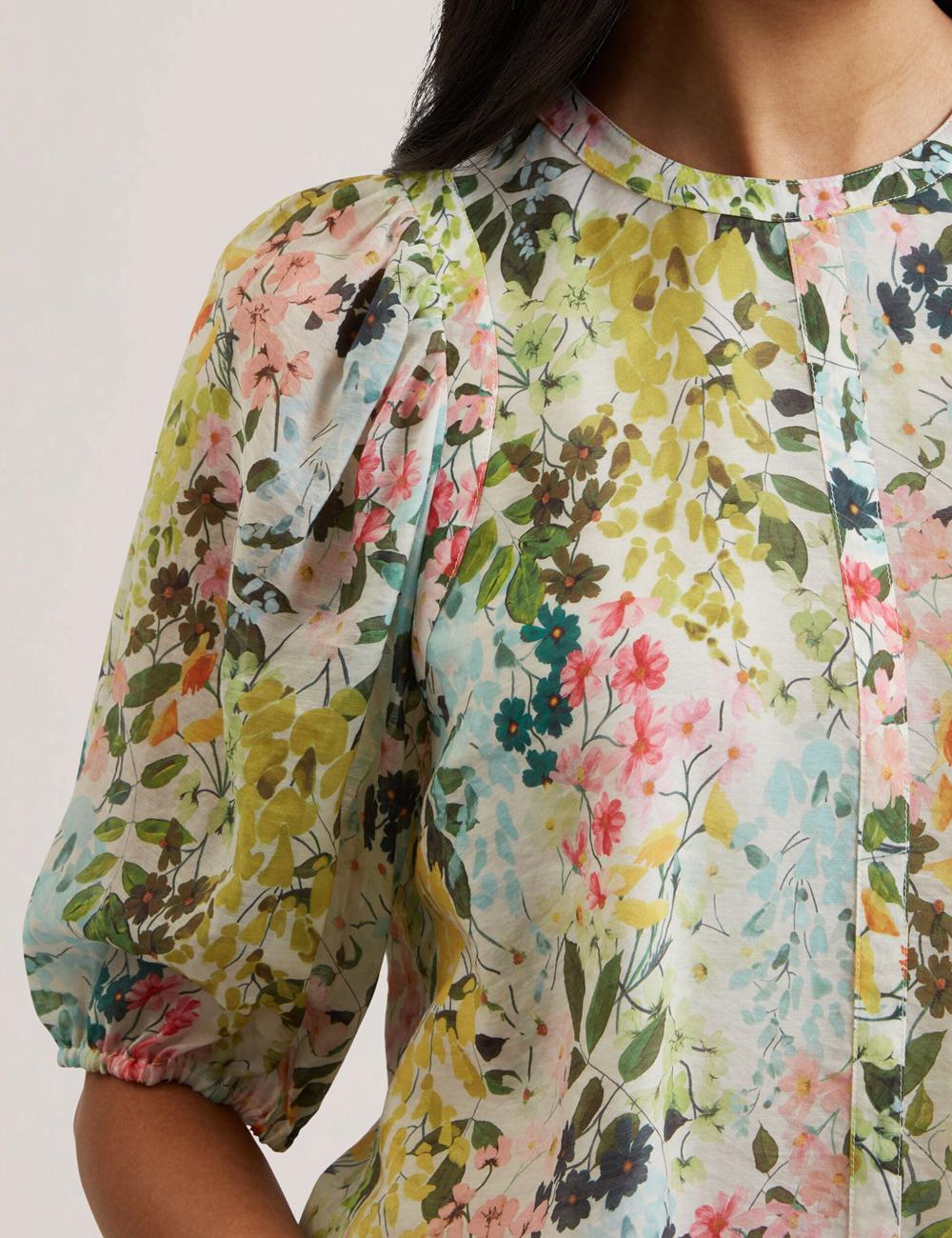 Blusa Ted Baker MICHA - Floral Binding Detail Puffed Sleeve Mujer Ivory | QROV-32549