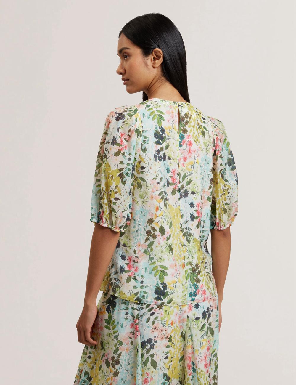 Blusa Ted Baker MICHA - Floral Binding Detail Puffed Sleeve Mujer Ivory | QROV-32549