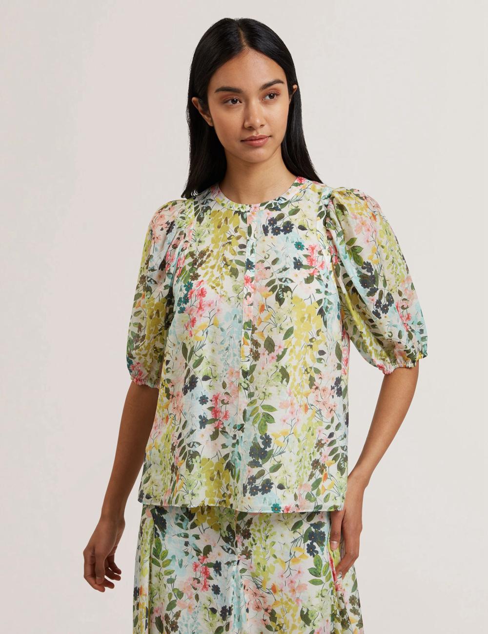 Blusa Ted Baker MICHA - Floral Binding Detail Puffed Sleeve Mujer Ivory | QROV-32549
