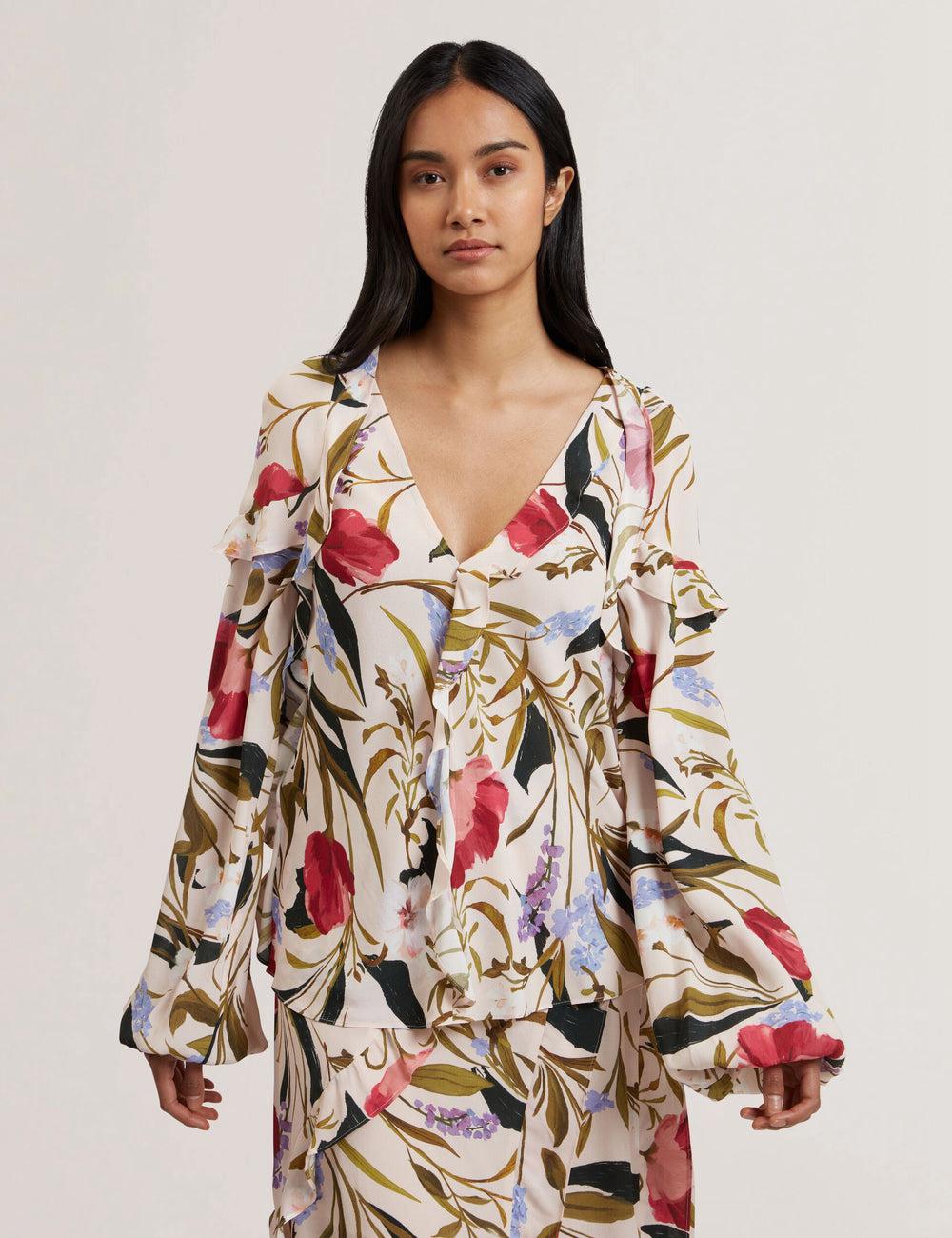 Blusa Ted Baker MINASA - Floral Print Frill Trim Long Sleeve Mujer Rosas | LSPJ-78631