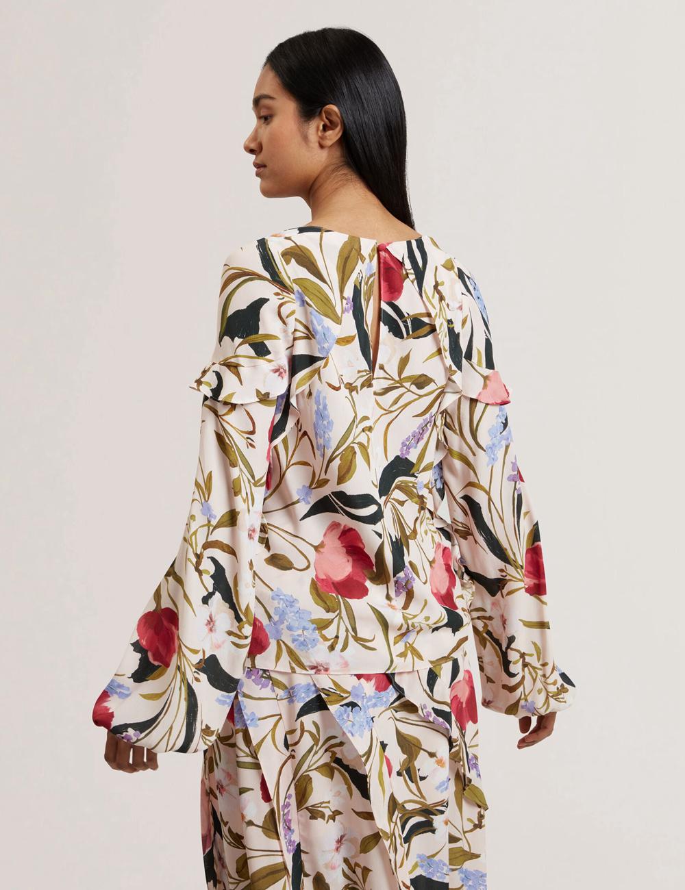 Blusa Ted Baker MINASA - Floral Print Frill Trim Long Sleeve Mujer Rosas | LSPJ-78631