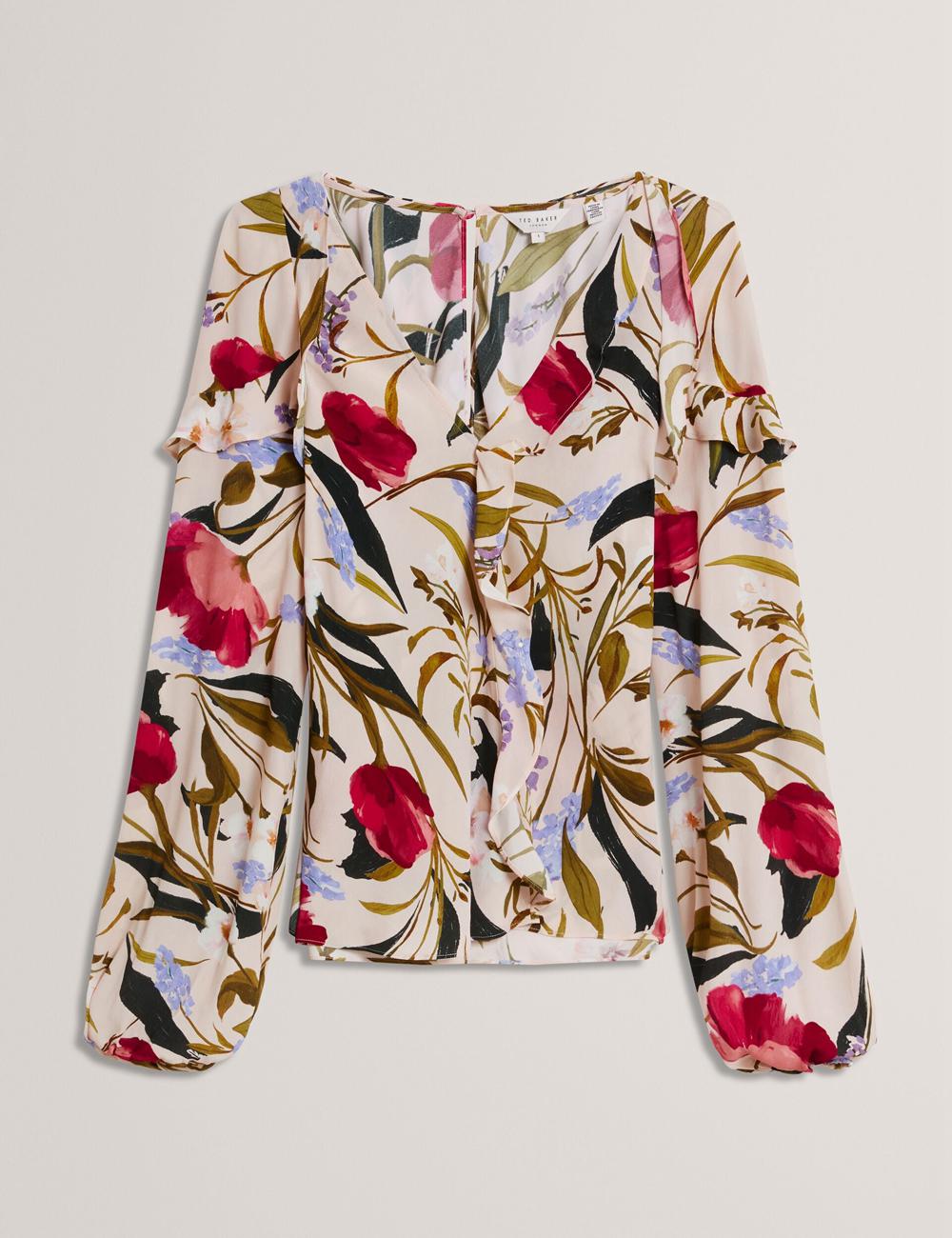 Blusa Ted Baker MINASA - Floral Print Frill Trim Long Sleeve Mujer Rosas | LSPJ-78631