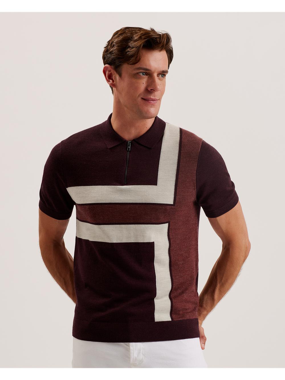 Camisa Polo Ted Baker AMBLER - Colour Block Zip Neck Wool Hombre Burdeos | MWIP-28904
