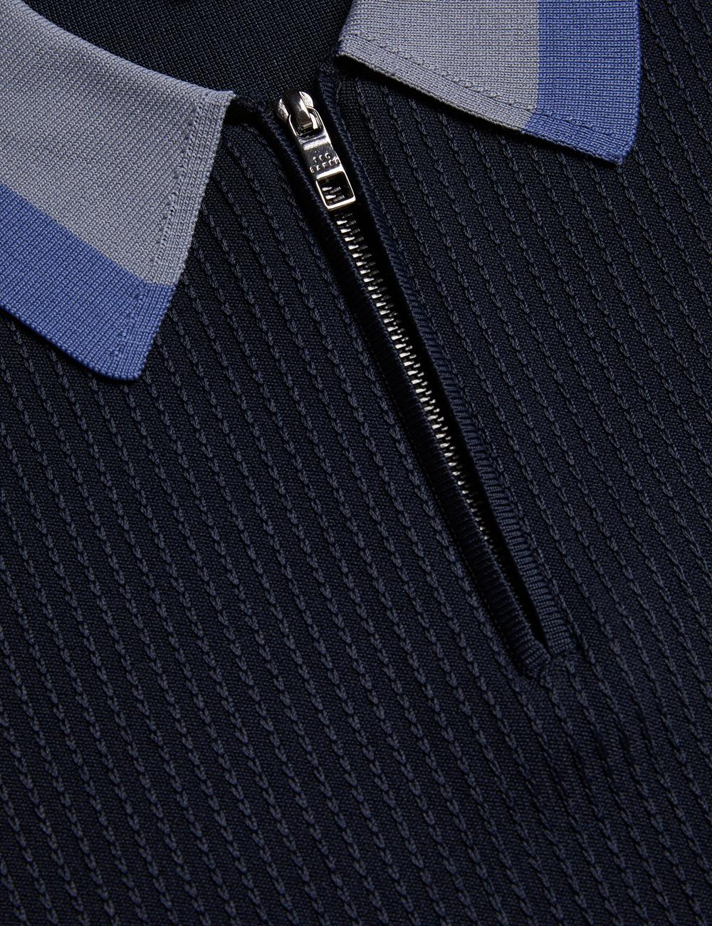 Camisa Polo Ted Baker PAXTO - Textured Zip With Striped Collar Hombre Azul Marino | DXCP-87309