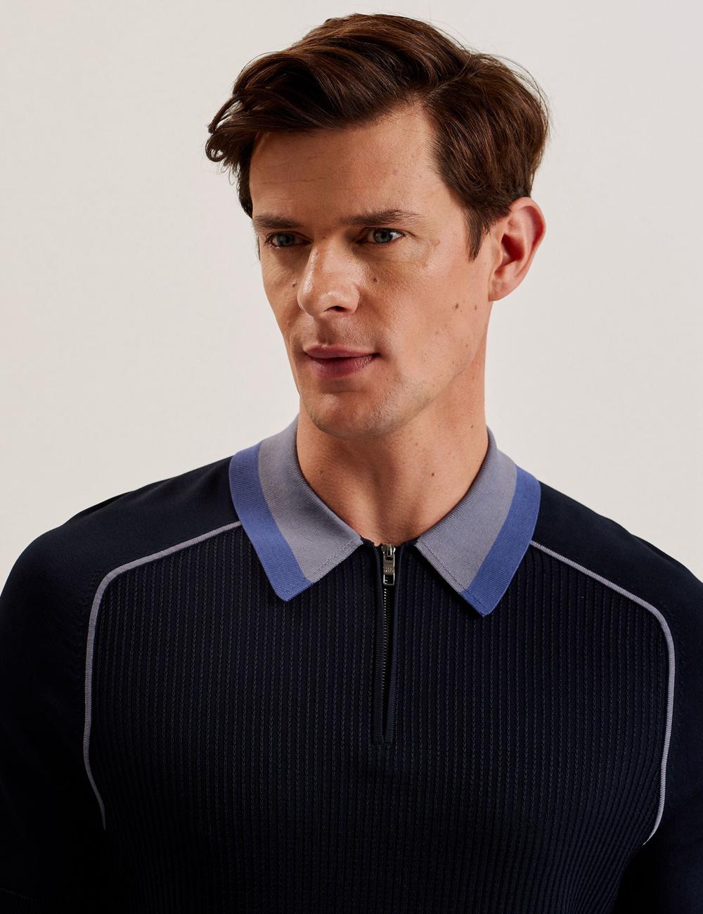 Camisa Polo Ted Baker PAXTO - Textured Zip With Striped Collar Hombre Azul Marino | DXCP-87309