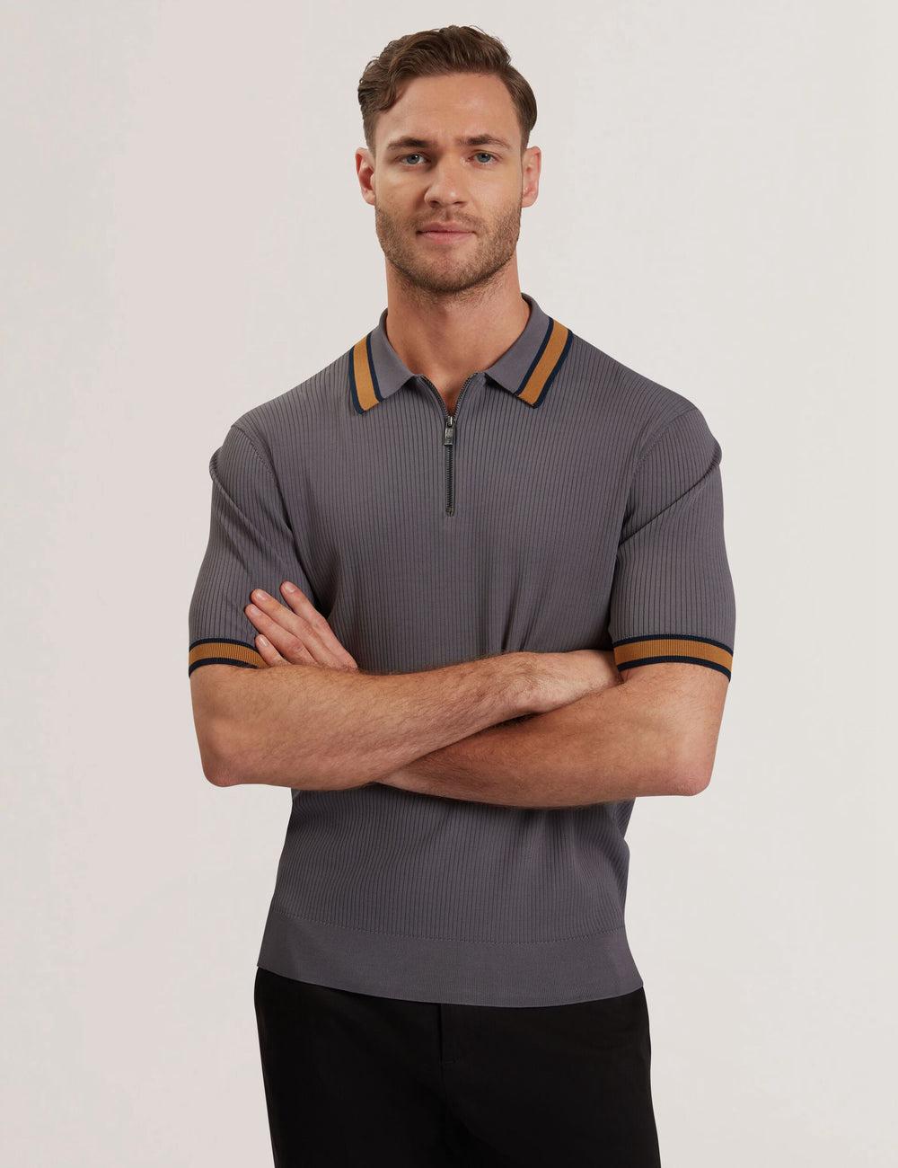 Camisa Polo Ted Baker RAFAELO - Striped Trim Zip Neck Ribbed Hombre Gris | JFEY-73120