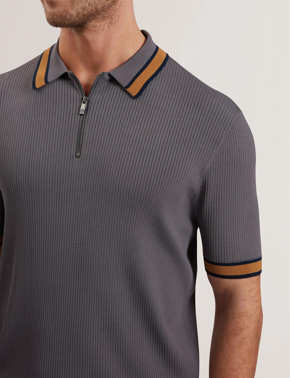 Camisa Polo Ted Baker RAFAELO - Striped Trim Zip Neck Ribbed Hombre Gris | JFEY-73120