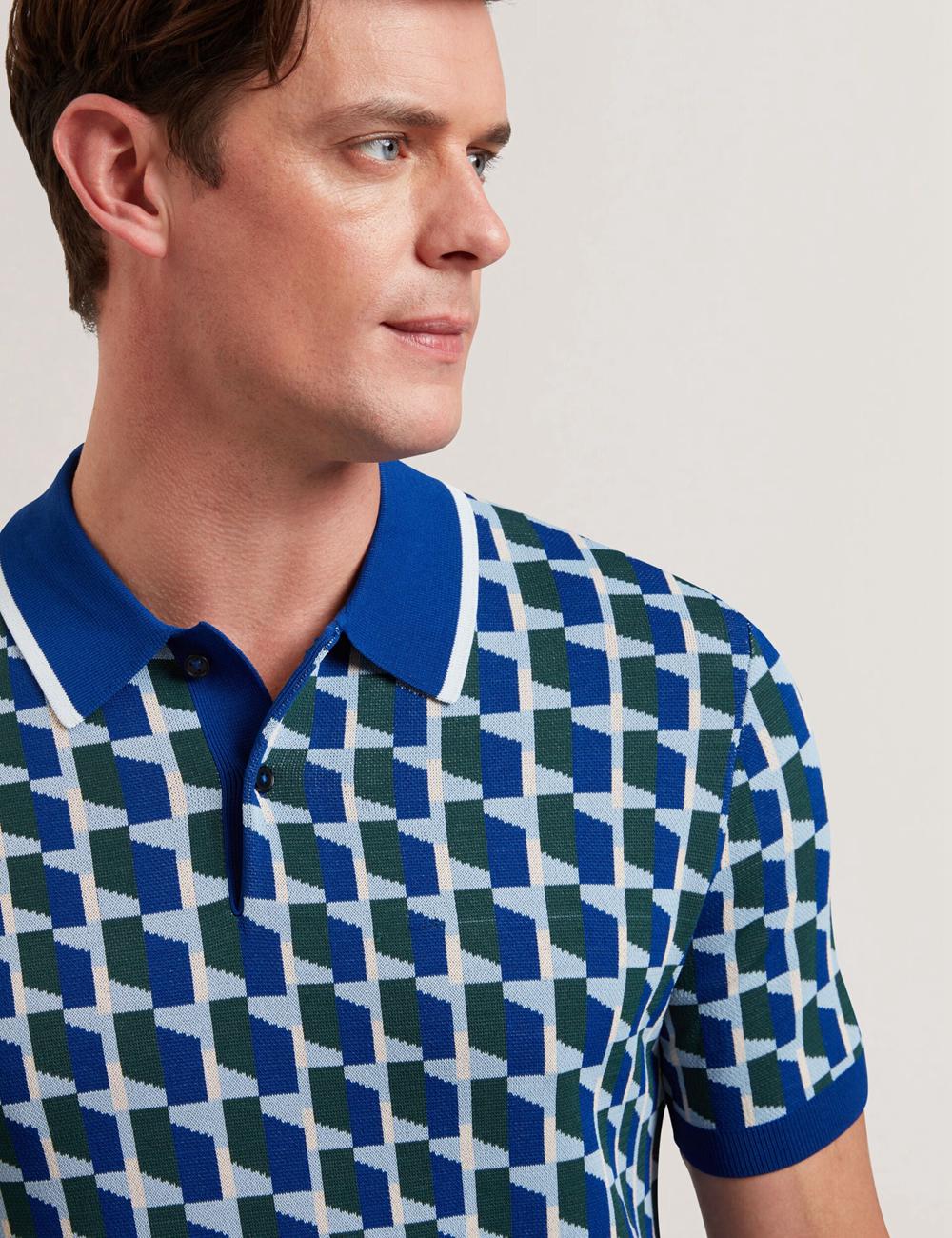Camisa Polo Ted Baker ROSSIO - Geometric Knitted Short Sleeve Hombre Azul Marino | CNUJ-67891