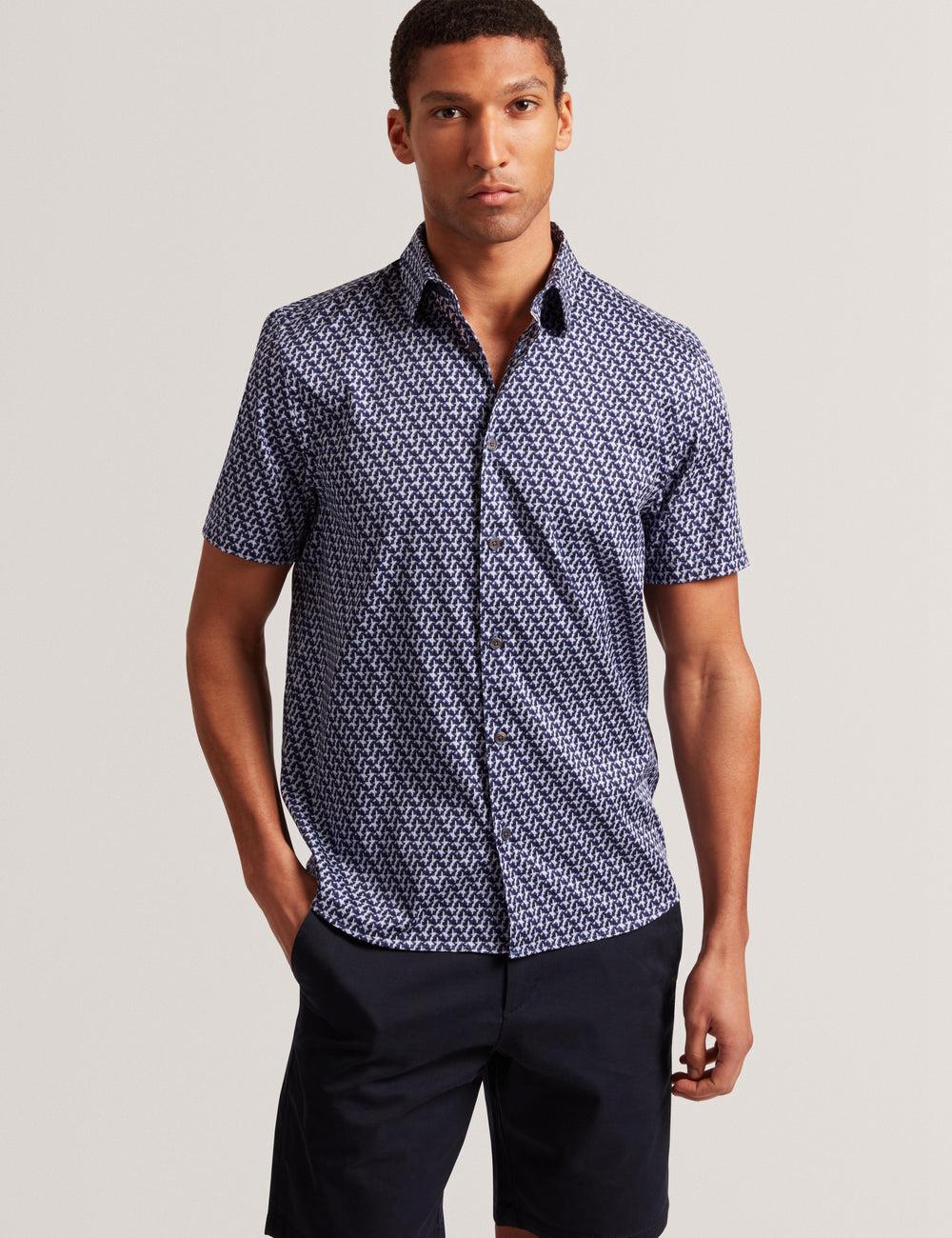 Camisas Ted Baker ALPHSO SS Regular Fit Geo Hombre Azul Marino | NPJY-79362