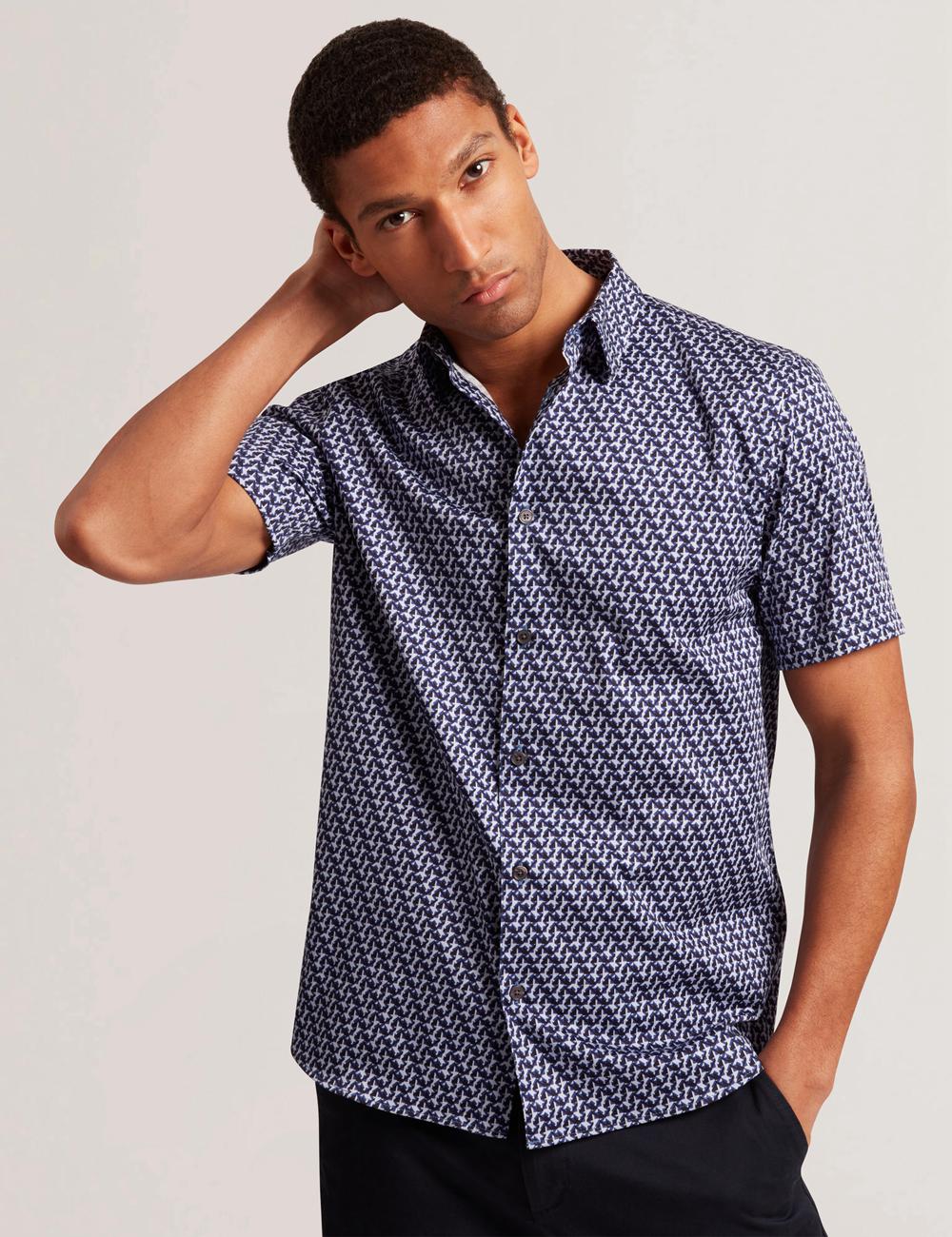 Camisas Ted Baker ALPHSO SS Regular Fit Geo Hombre Azul Marino | NPJY-79362