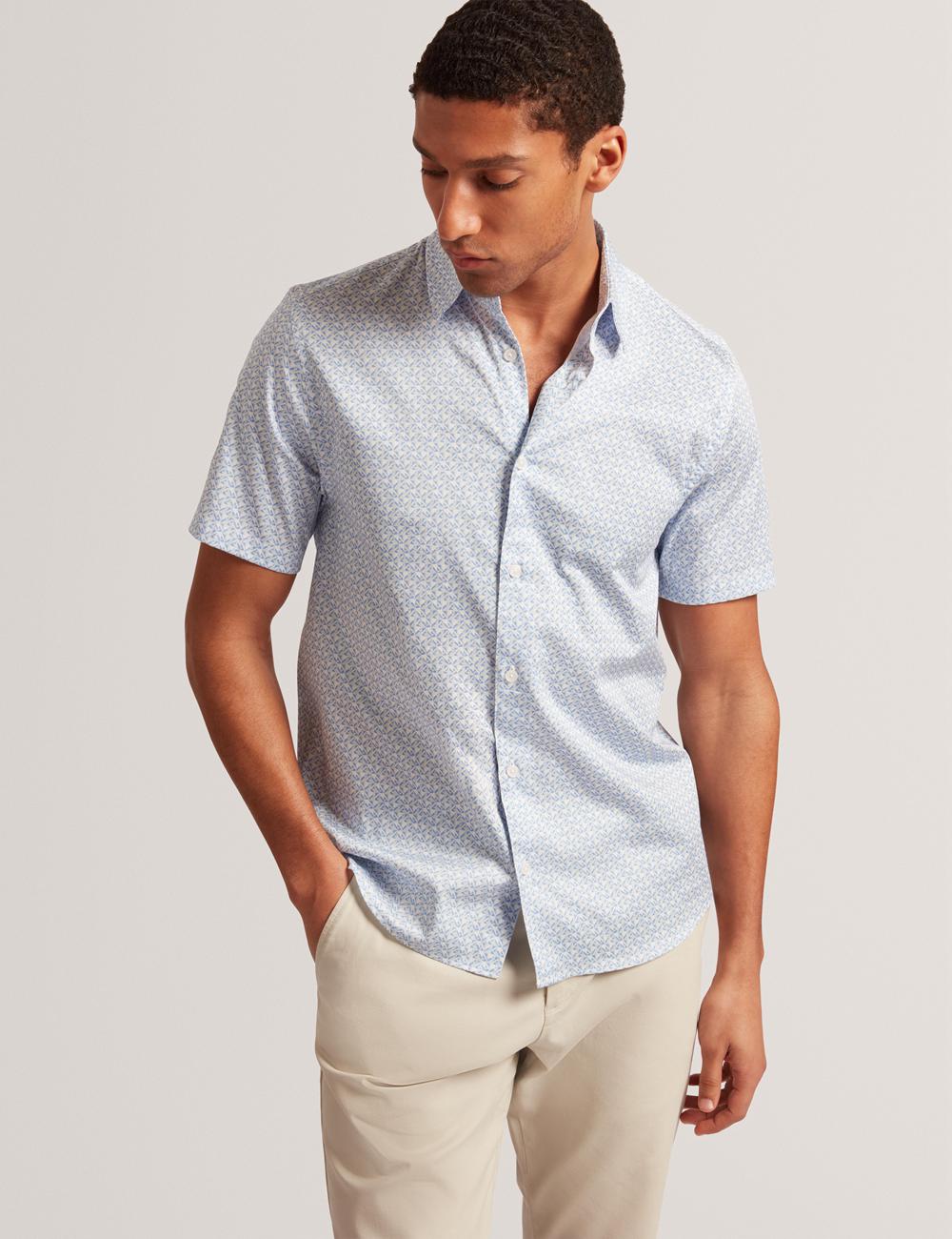 Camisas Ted Baker ALPHSO - SS Regular Fit Geo Hombre Azules | VKTC-58970