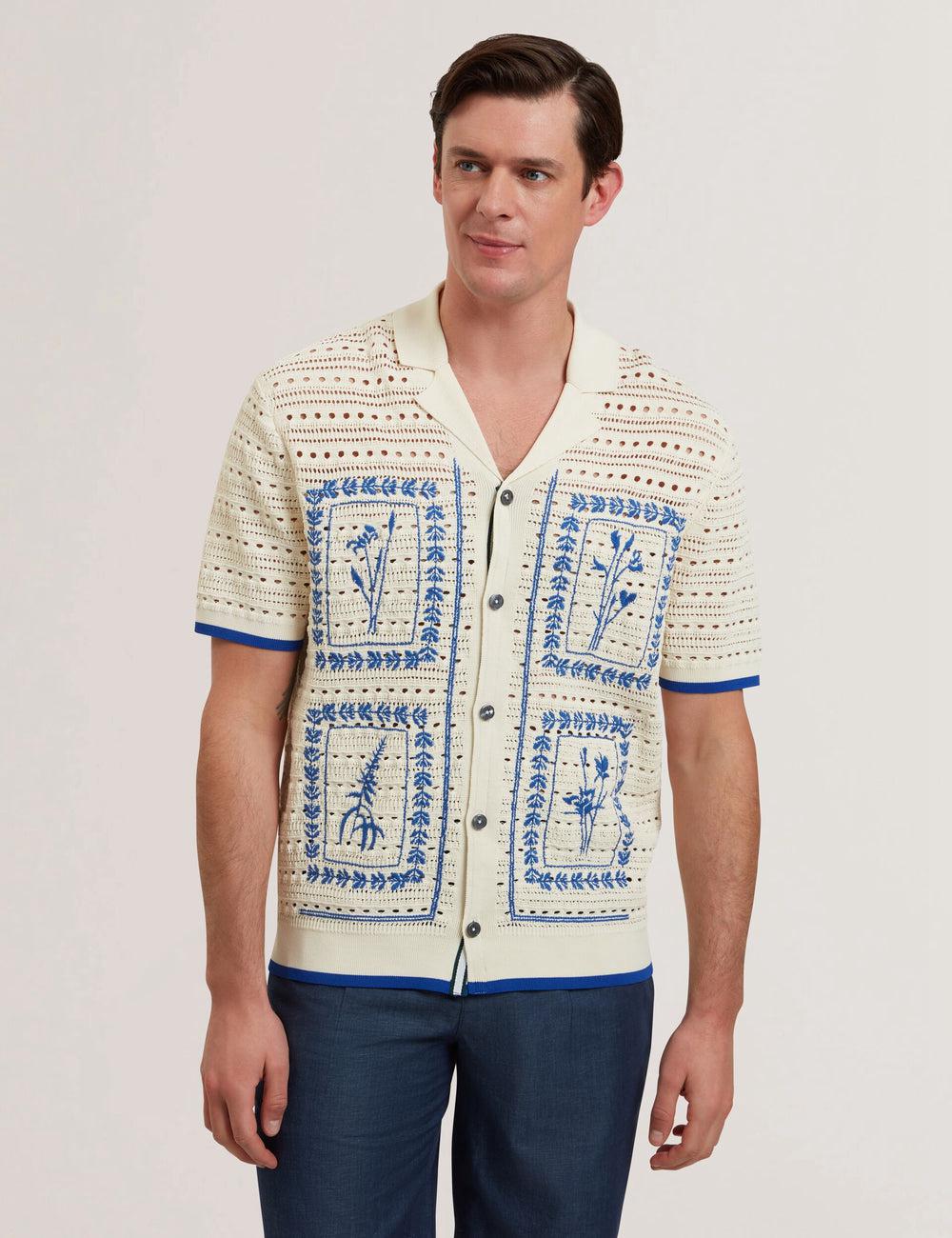 Camisas Ted Baker BARRI - Short Sleeve Crochet Embroidered Hombre Ecru | ERXP-81250
