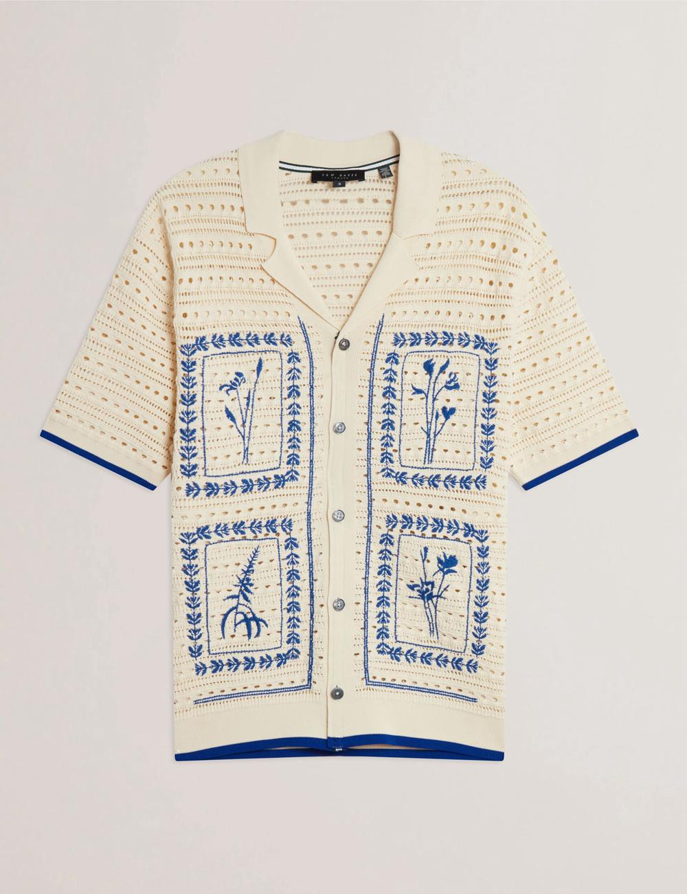 Camisas Ted Baker BARRI - Short Sleeve Crochet Embroidered Hombre Ecru | ERXP-81250