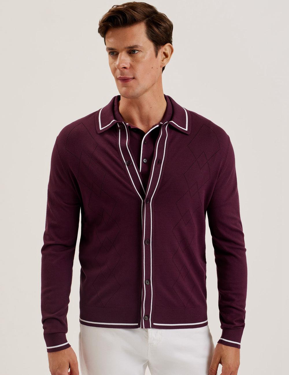 Camisas Ted Baker ELMDON - Pointelle Diamond Knitted Long Sleeve Hombre Burdeos | BNHC-82739