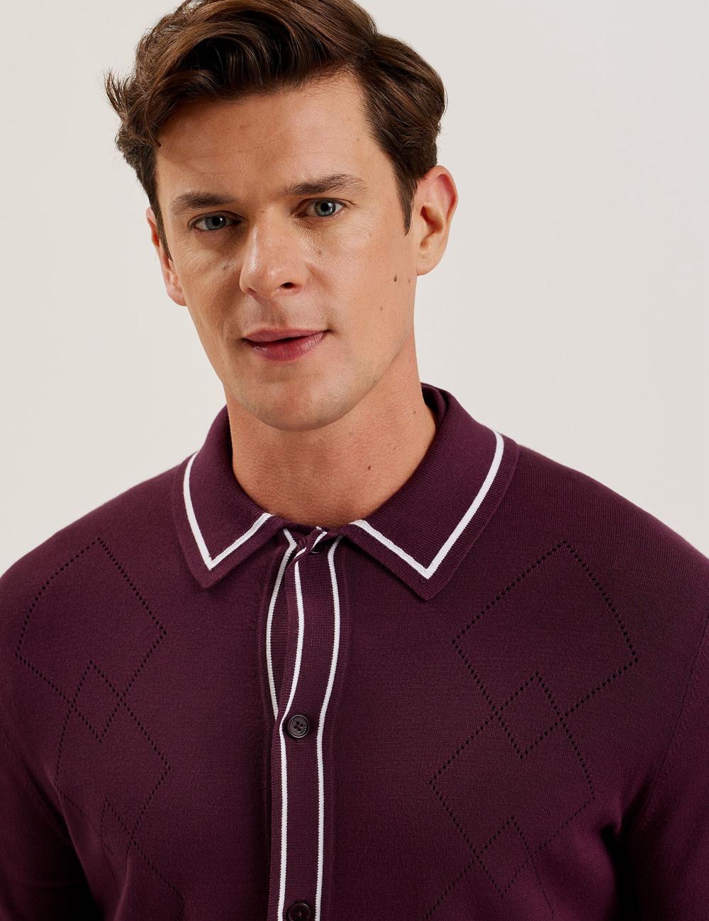 Camisas Ted Baker ELMDON - Pointelle Diamond Knitted Long Sleeve Hombre Burdeos | BNHC-82739