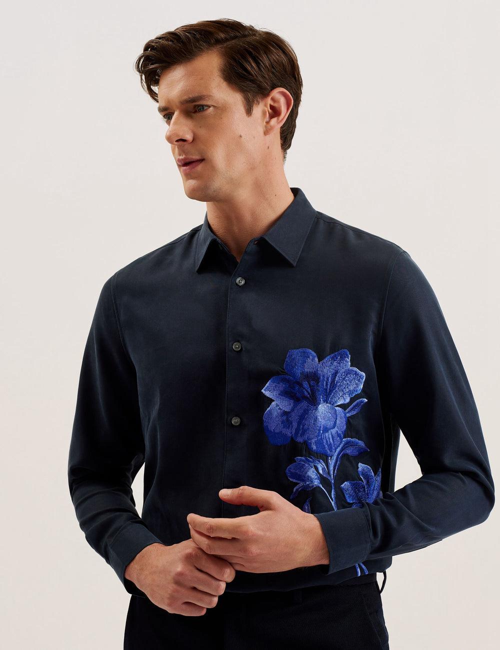 Camisas Ted Baker NESSMEN - Embroidered Detail Relaxed Fit Hombre Azul Marino | LVEH-02518