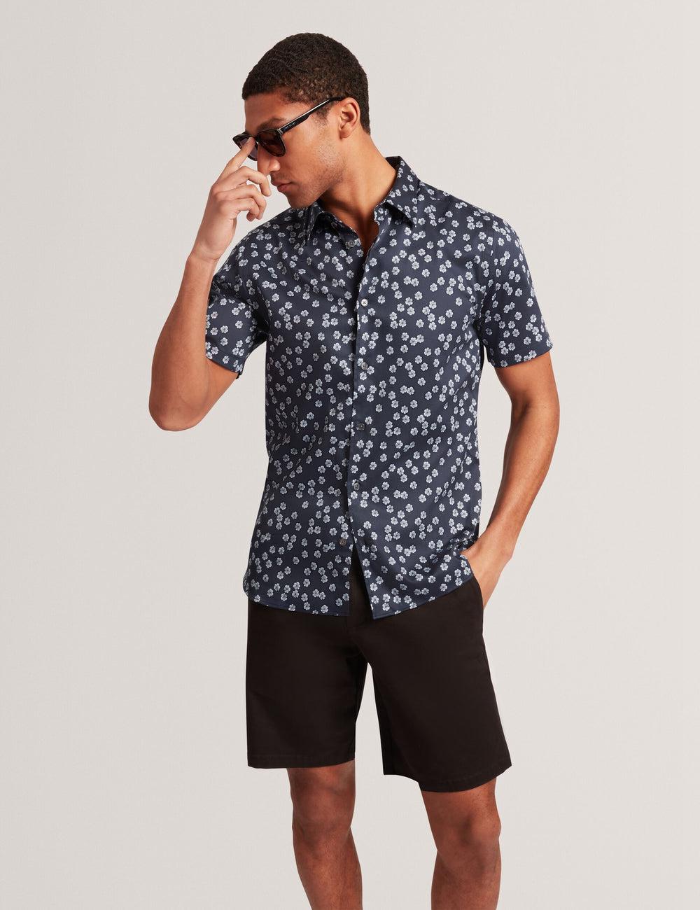 Camisas Ted Baker NIKSHO - Short Sleeve Slim Ditsy Floral Hombre Azul Marino | KDIL-51238