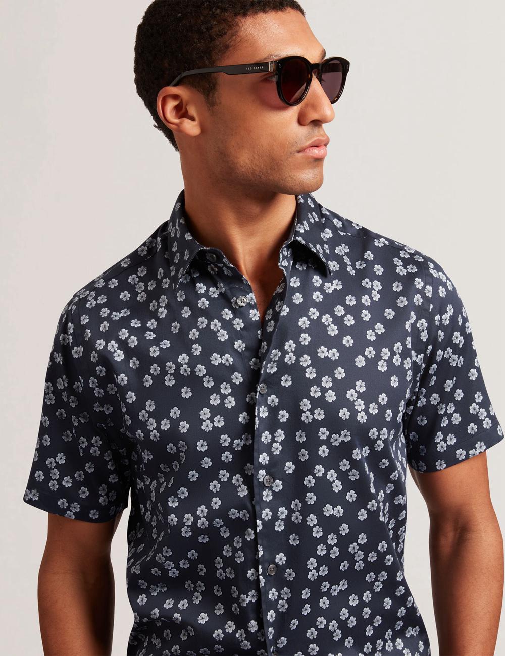 Camisas Ted Baker NIKSHO - Short Sleeve Slim Ditsy Floral Hombre Azul Marino | KDIL-51238