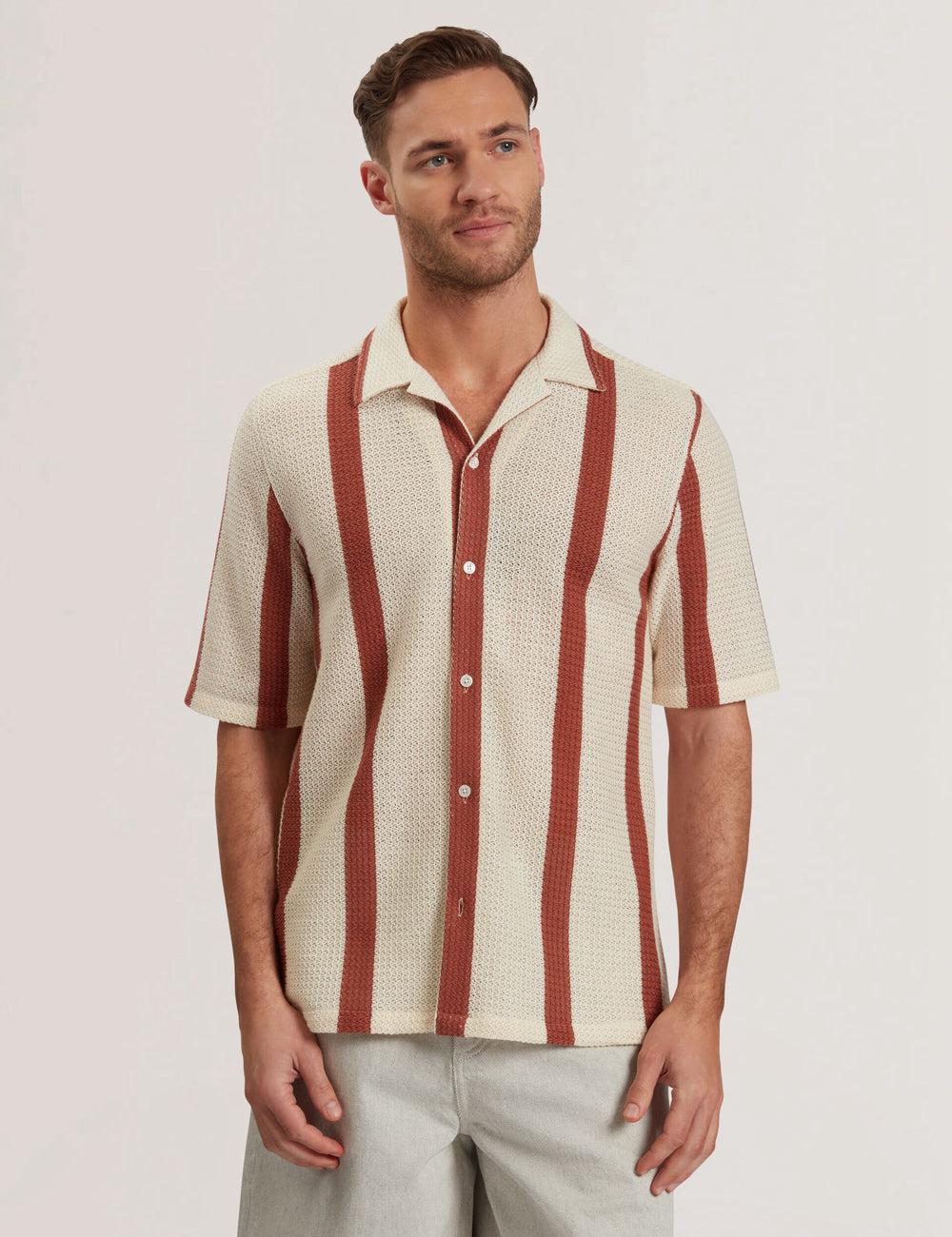Camisas Ted Baker NIKS - Short Sleeve Stripe Crochet Oversized Hombre Taupe | ROMJ-50691