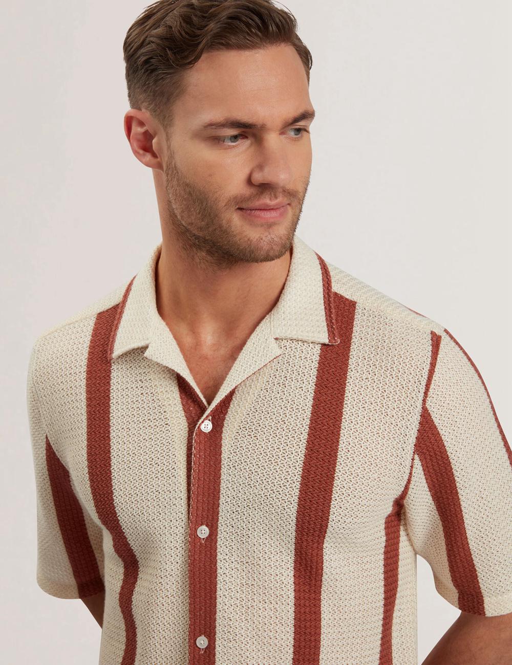 Camisas Ted Baker NIKS - Short Sleeve Stripe Crochet Oversized Hombre Taupe | ROMJ-50691