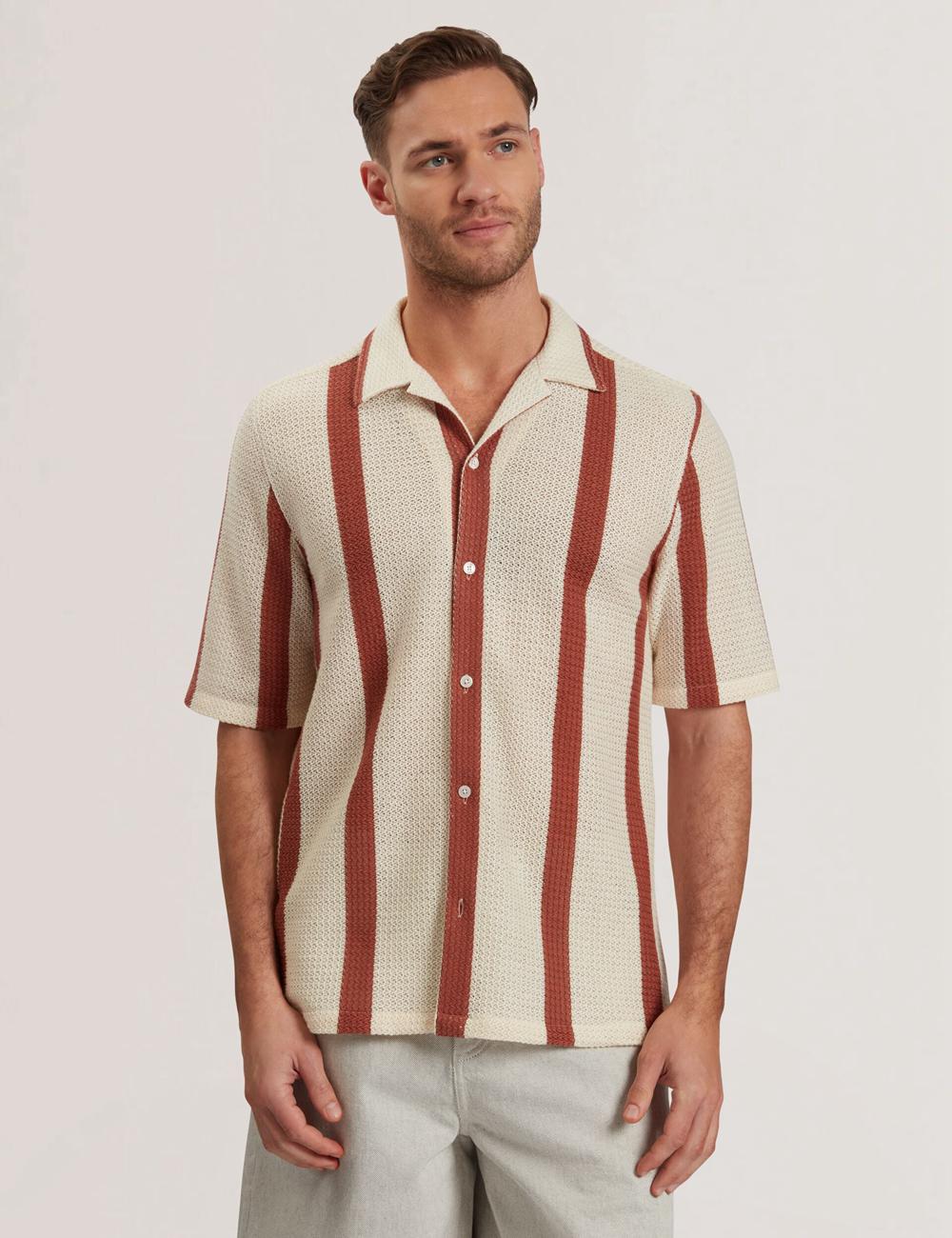 Camisas Ted Baker NIKS - Short Sleeve Stripe Crochet Oversized Hombre Taupe | ROMJ-50691