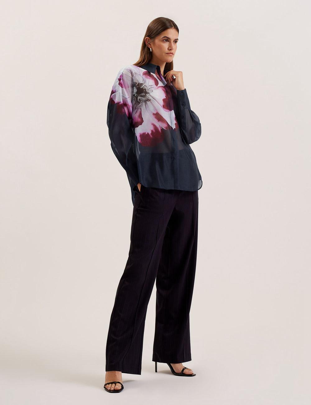 Camisas Ted Baker ORRIN - Floral Sheer Organza Oversized Mujer Azul Marino | XRNI-78359
