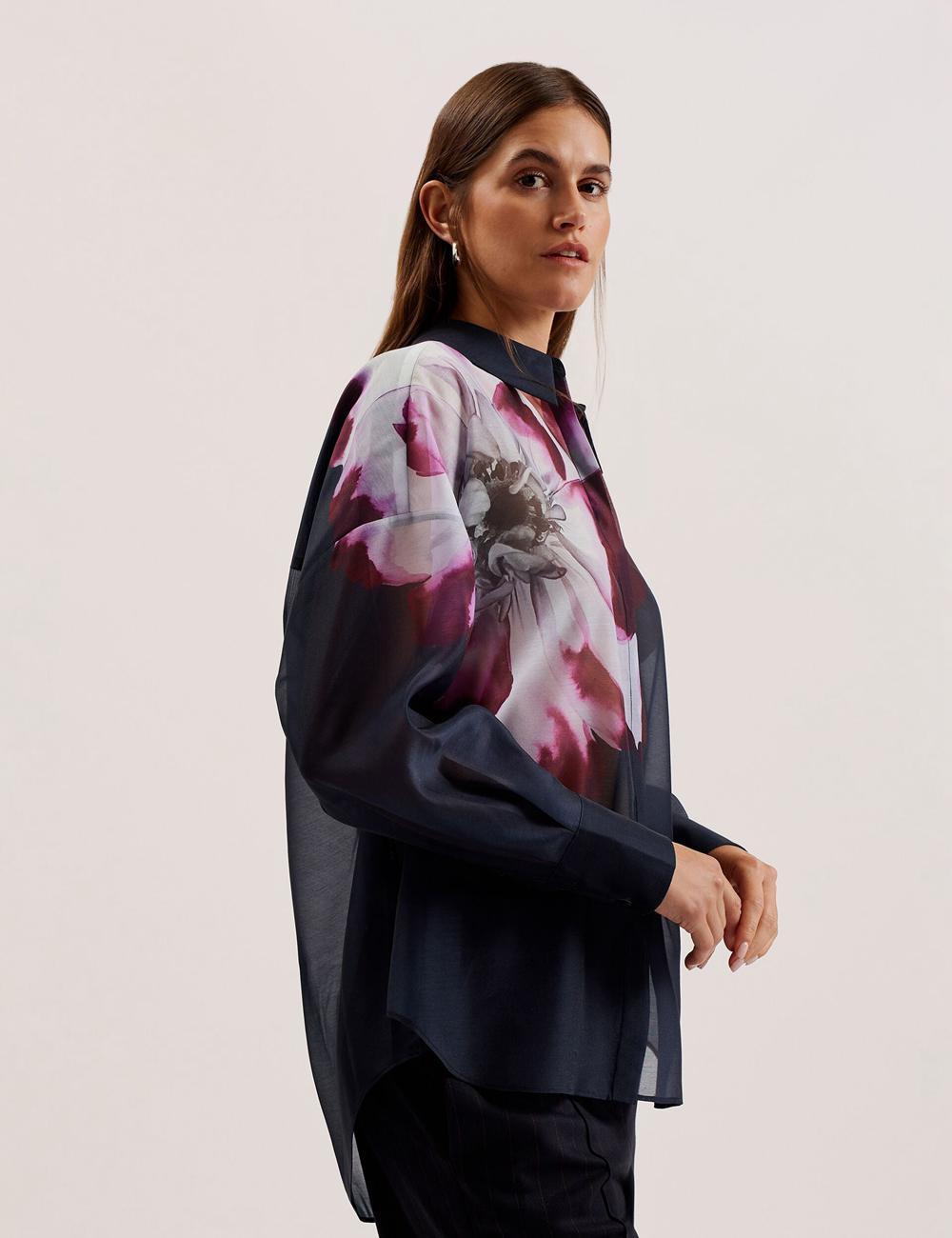 Camisas Ted Baker ORRIN - Floral Sheer Organza Oversized Mujer Azul Marino | XRNI-78359