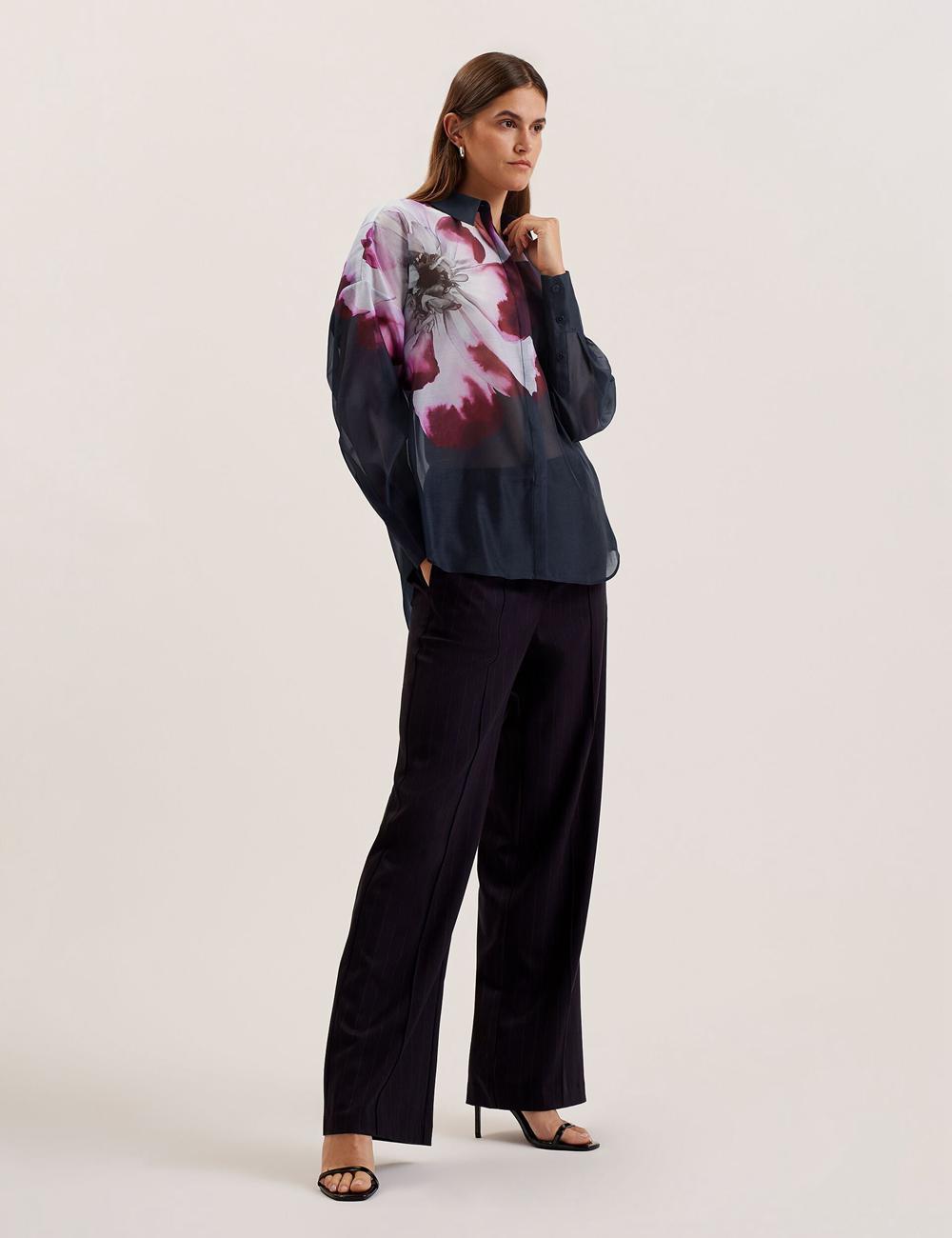 Camisas Ted Baker ORRIN - Floral Sheer Organza Oversized Mujer Azul Marino | XRNI-78359