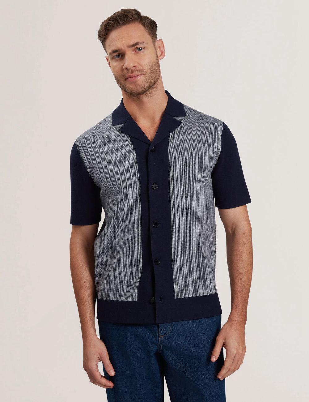 Camisas Ted Baker PADRIG - Herringbone Knit Colour Block Short Sleeve Hombre Azul Marino | GOPY-76183