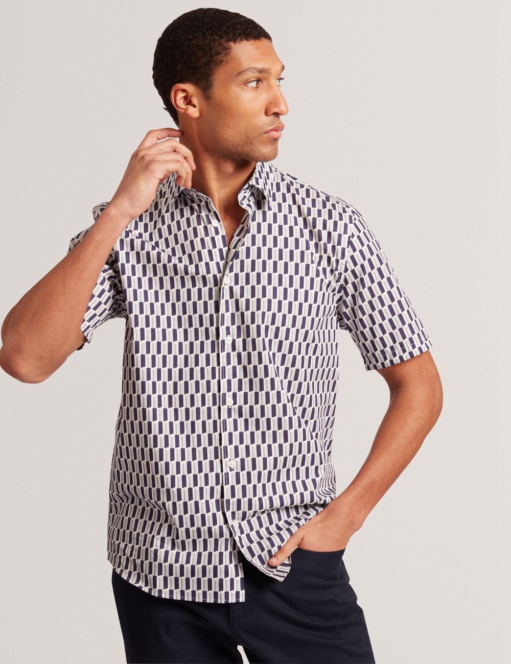 Camisas Ted Baker PEARSOS - Geo Print Short Sleeve Cotton Hombre Azul Marino | HECR-74986