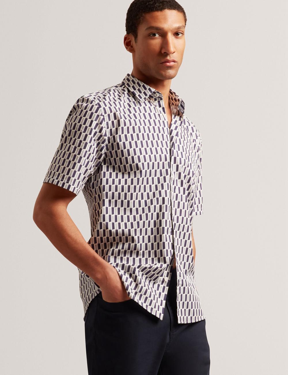 Camisas Ted Baker PEARSOS - Geo Print Short Sleeve Cotton Hombre Azul Marino | HECR-74986