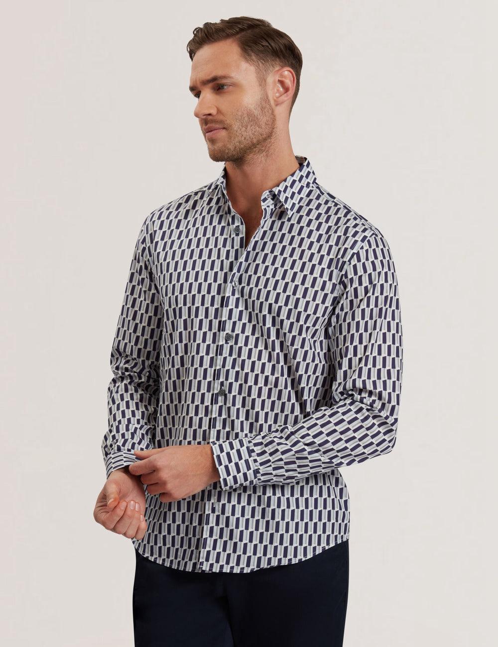 Camisas Ted Baker PEARSO - Geometric Stripe Long Sleeve Cotton Hombre Azul Marino | PWCH-15029