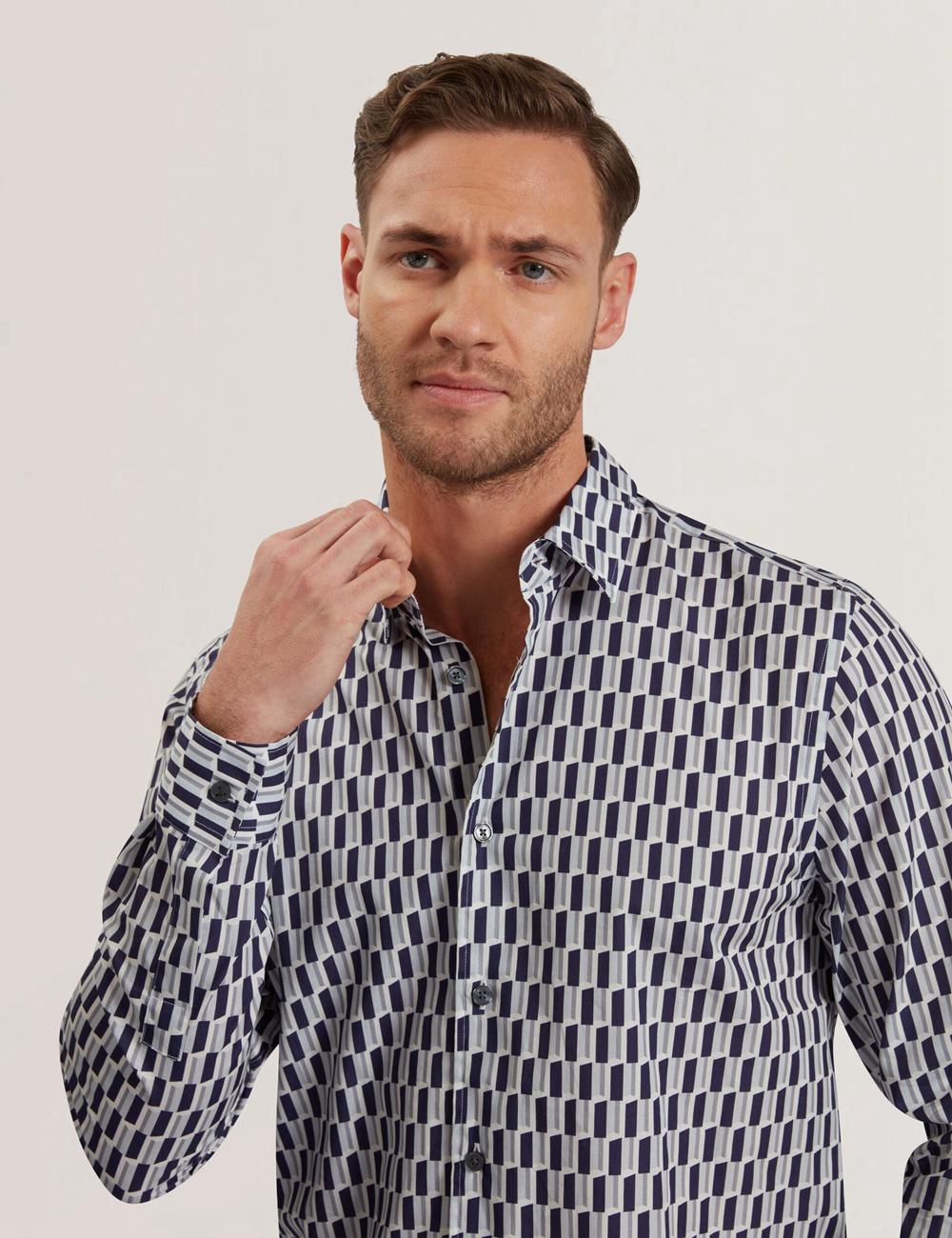 Camisas Ted Baker PEARSO - Geometric Stripe Long Sleeve Cotton Hombre Azul Marino | PWCH-15029