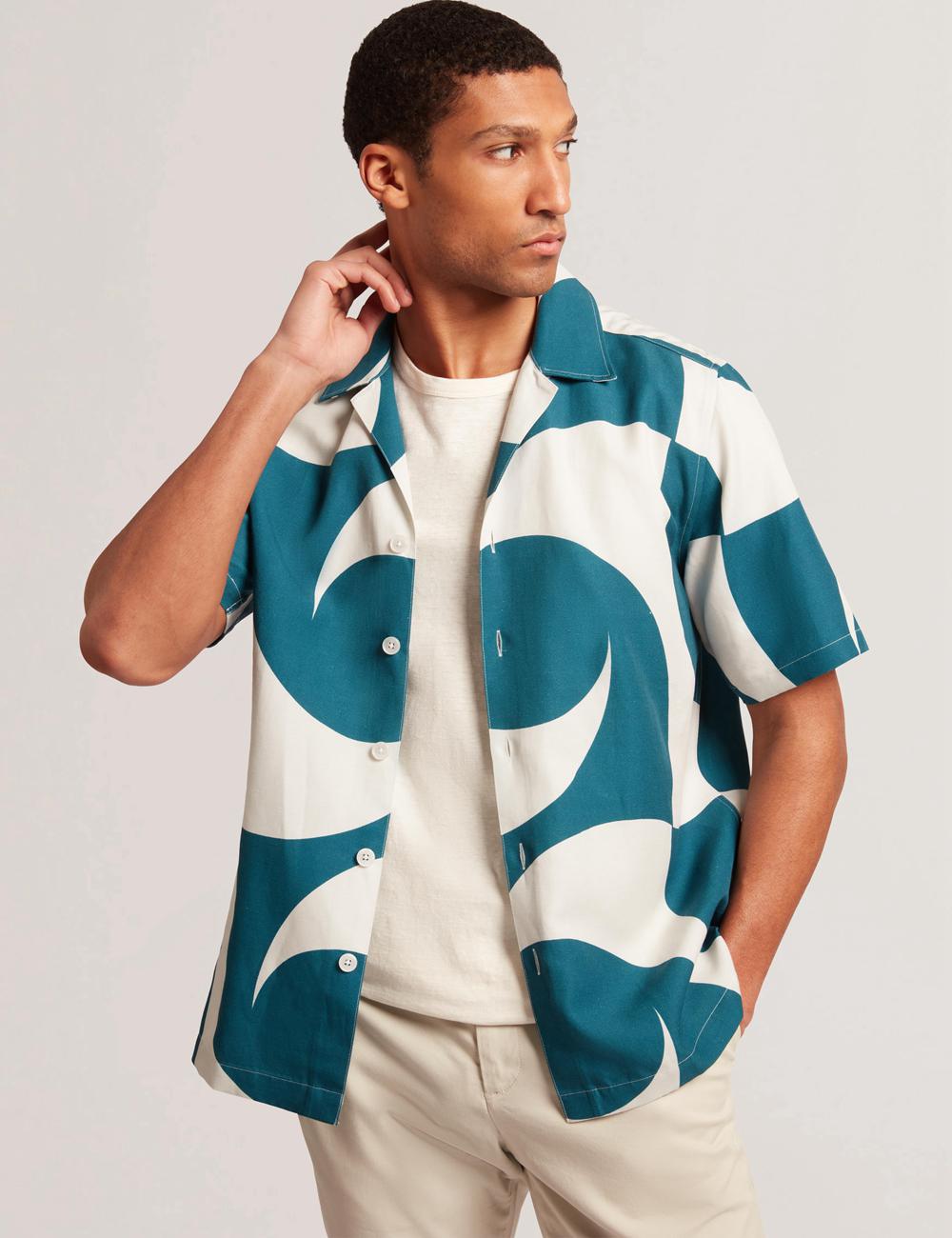 Camisas Ted Baker ROLDAN - Short Sleeve Oversized Swirl Print Hombre Turquesa | LJVZ-95047