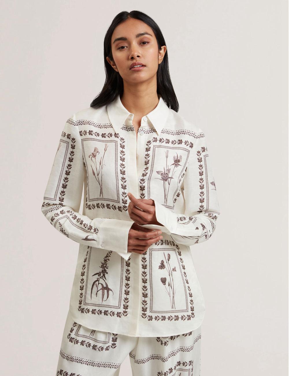 Camisas Ted Baker SIMCOA - Panel Print Silk Linen Longline Mujer Ivory | TYGP-93650