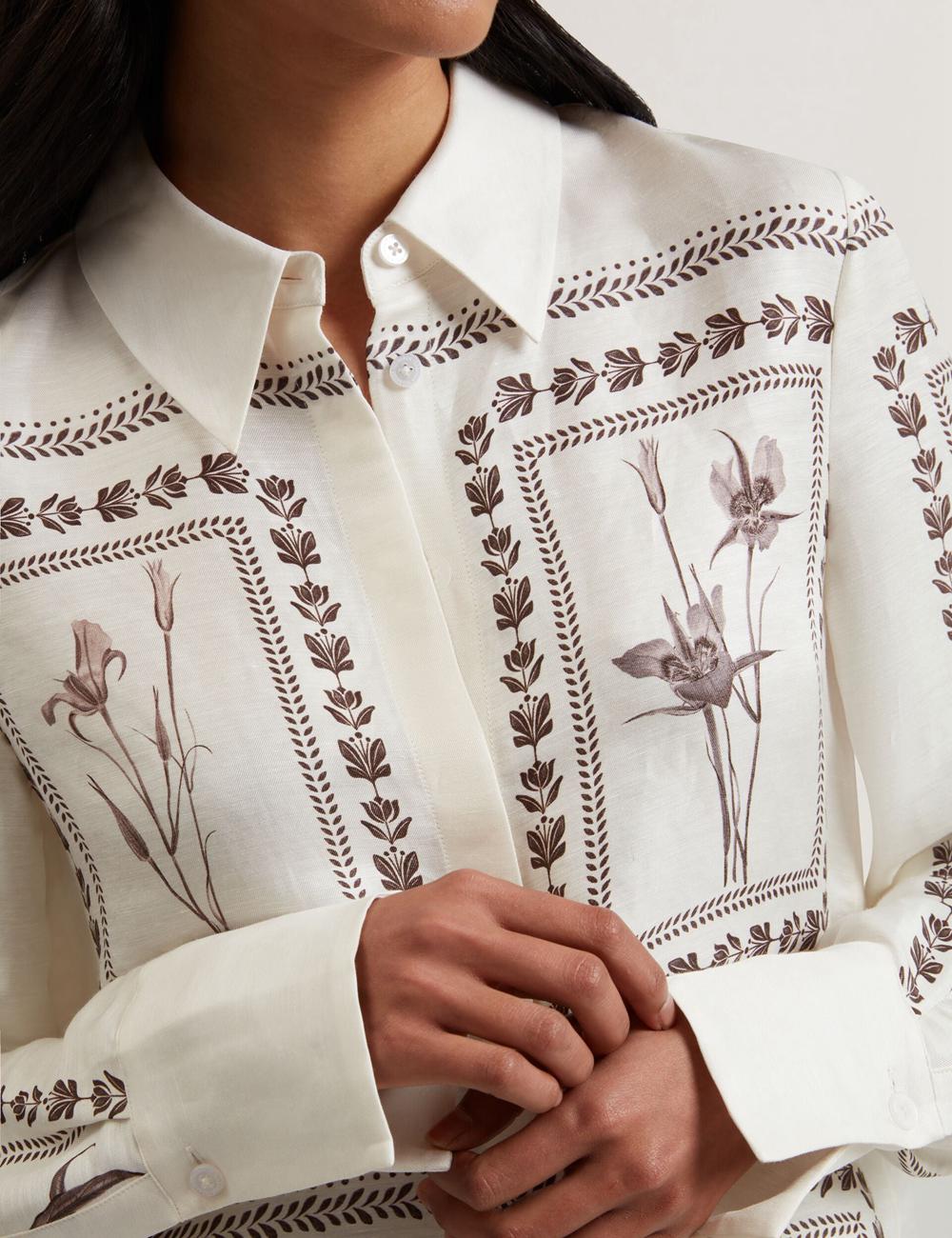 Camisas Ted Baker SIMCOA - Panel Print Silk Linen Longline Mujer Ivory | TYGP-93650