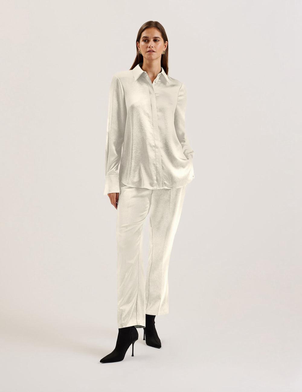 Camisas Ted Baker SONORA - Satin Longline Covered Placket Mujer Ivory | XUKT-14297